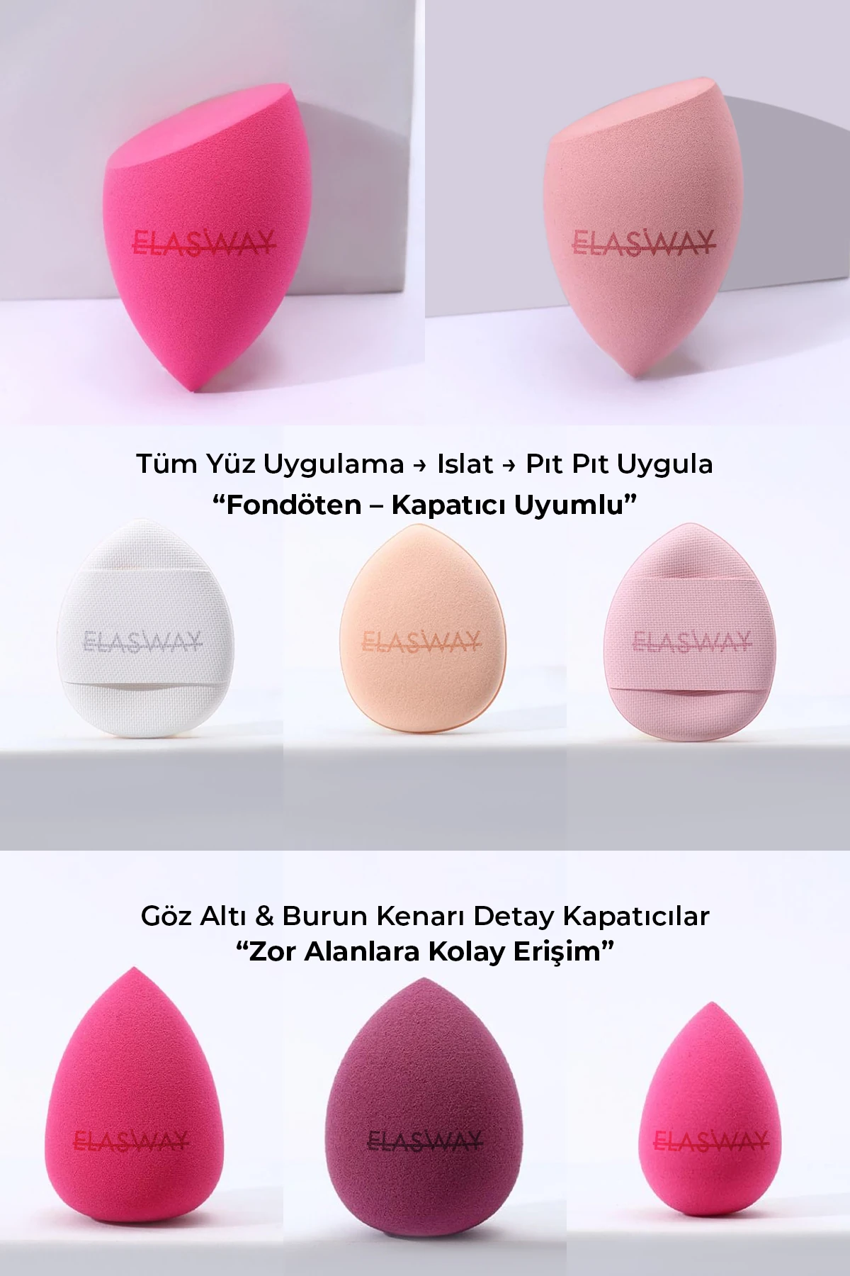 8’li Makyaj Süngeri Seti – Damla & Kesik Damla + Parmak Bantlı Pudra Pufu, Kavanoz, Toka Hediyeli