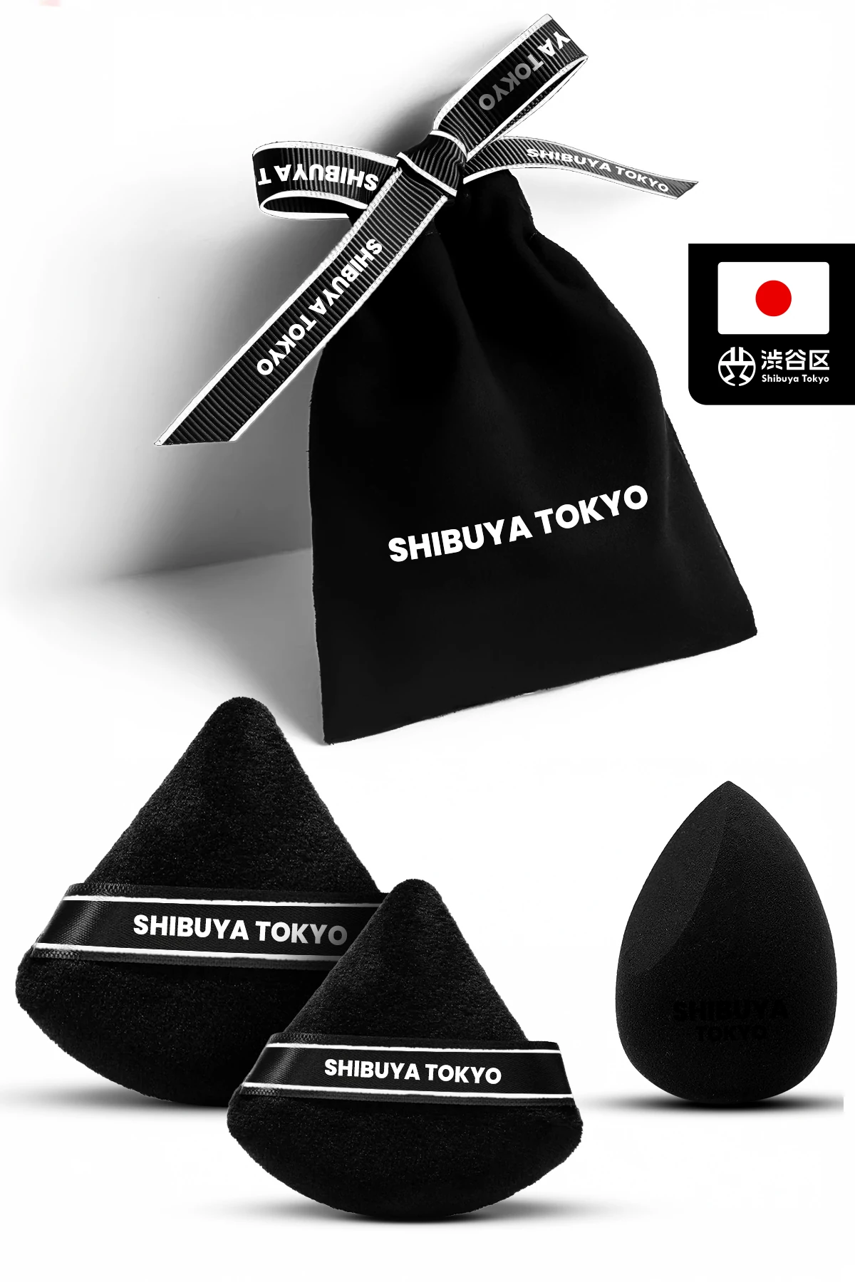 Üçgen Pudra Pufu ve Makyaj Süngeri 3’lü Set Kumaş Kese Siyah