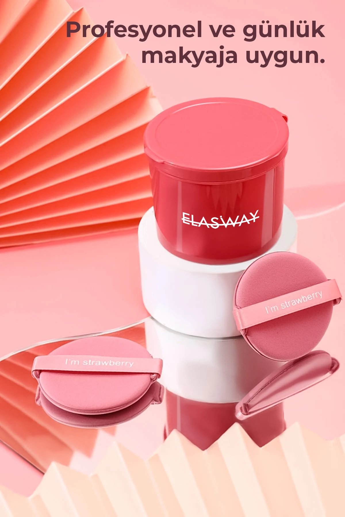 7’li Yuvarlak Pudra Pufu Makyaj Süngeri Seti Islak/Kuru Parmak Bantlı Kutulu – Strawberry Pembe