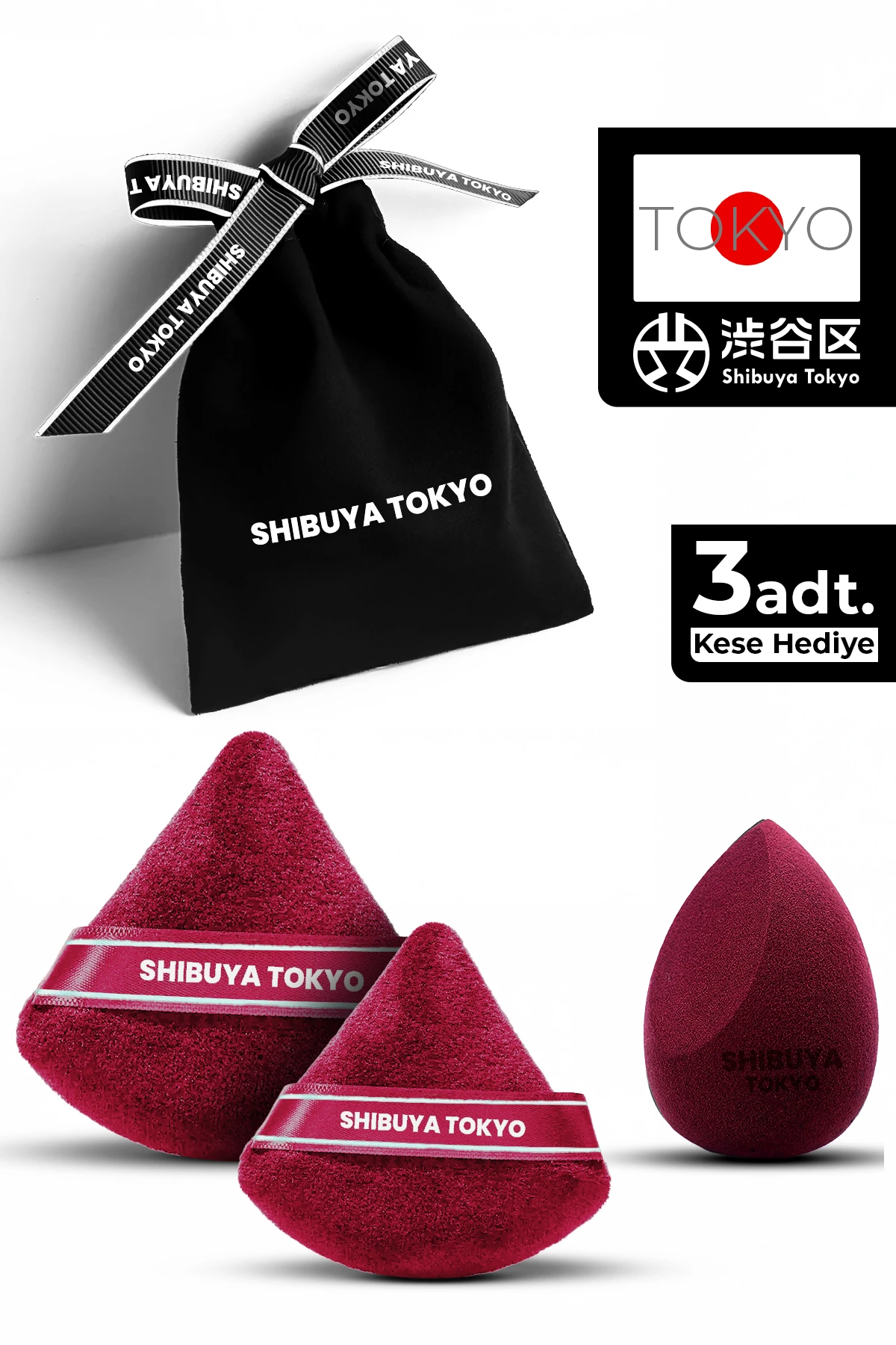 Üçgen Pudra Pufu ve Makyaj Süngeri 3’lü Set Kumaş Kese Bordo