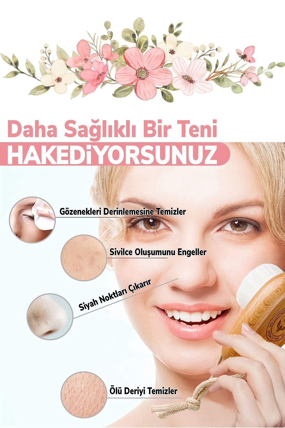 Yüz Ve Cilt Bakım Temizleme Fırçası – Ultra Yumuşak Ipek Kıl, Siyah Nokta Karşıtı, Doğal Ahşap Saplı - Beyaz