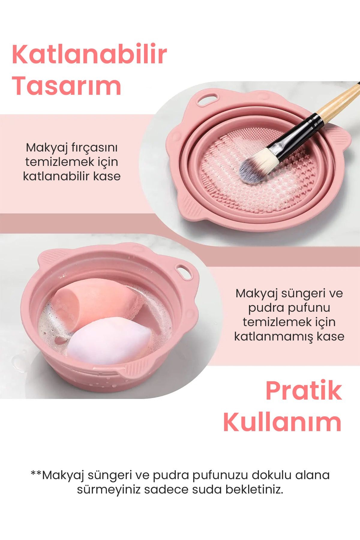 Silikon Makyaj Fırçası Temizleme Kabı Aparatı, Katlanabilir, Fırça ve Sünger Temizleme Matı - Pembe