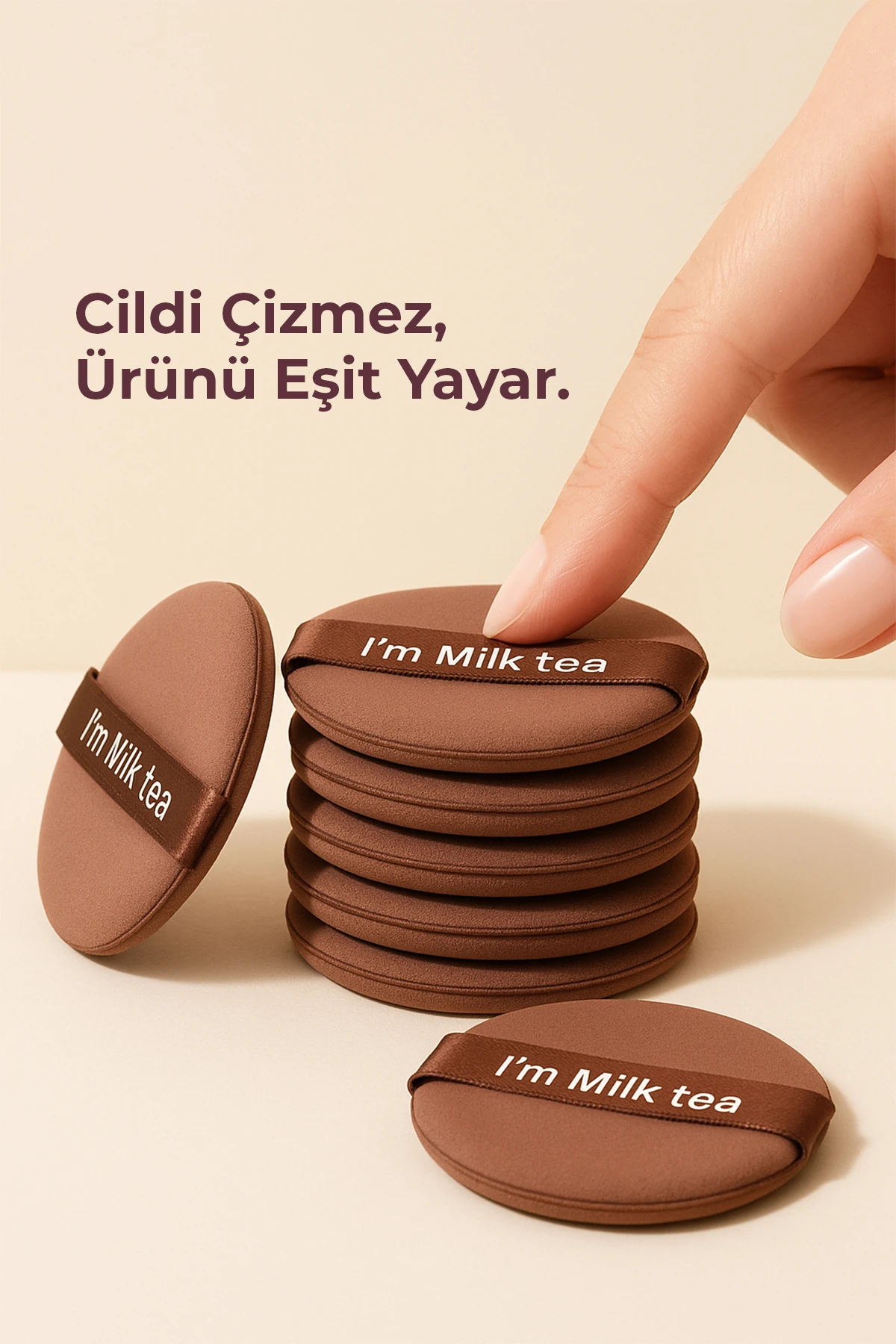 7’li Yuvarlak Pudra Pufu Makyaj Süngeri Seti Islak/Kuru Parmak Bantlı Kutulu – Milk Tea Kahve