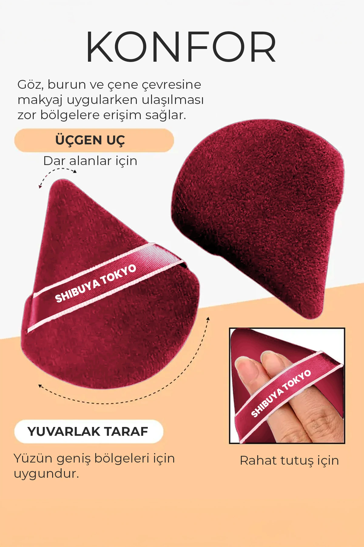 Üçgen Pudra Pufu ve Makyaj Süngeri 3’lü Set Kumaş Kese Bordo