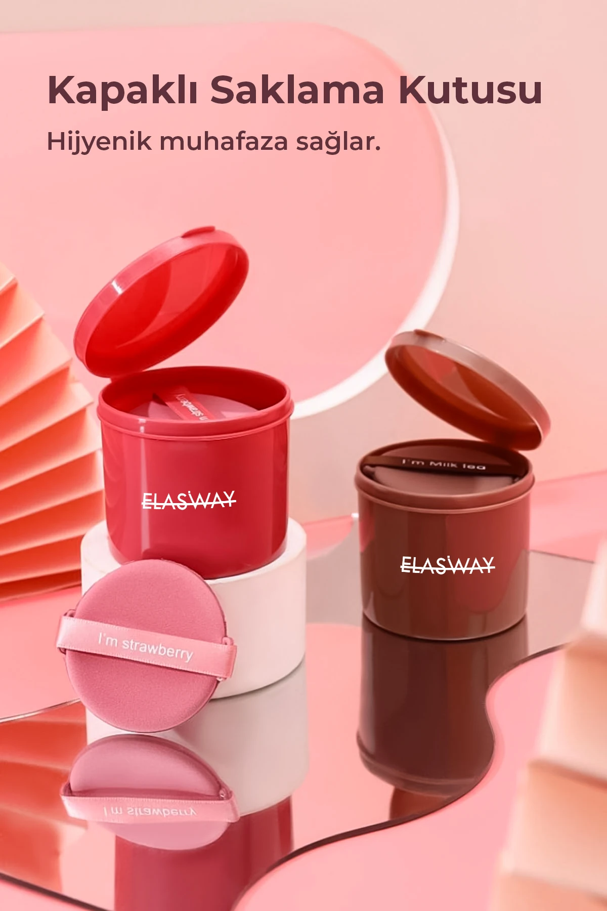 7’li Yuvarlak Pudra Pufu Makyaj Süngeri Seti Islak/Kuru Parmak Bantlı Kutulu – Strawberry Pembe