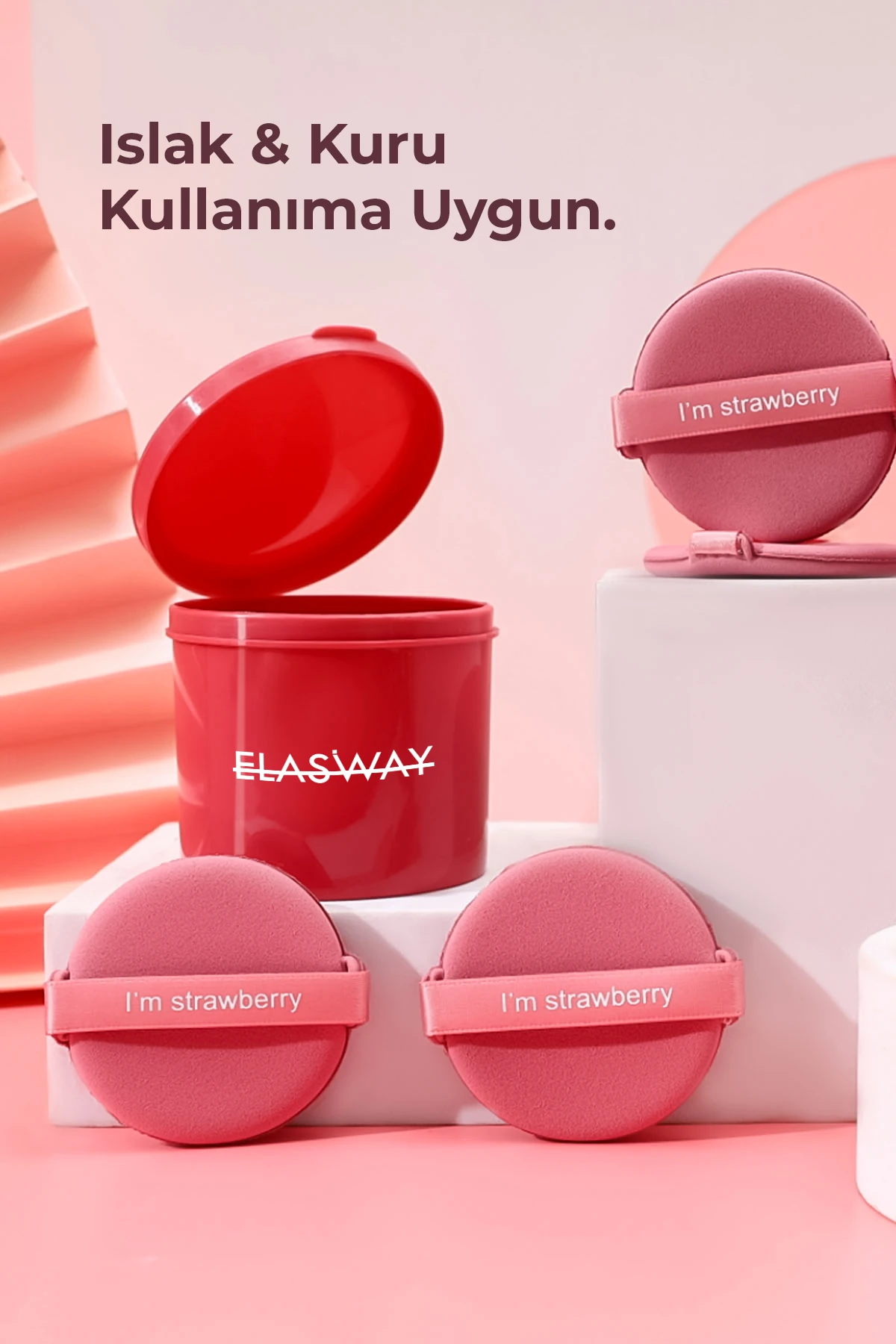 7’li Yuvarlak Pudra Pufu Makyaj Süngeri Seti Islak/Kuru Parmak Bantlı Kutulu – Strawberry Pembe