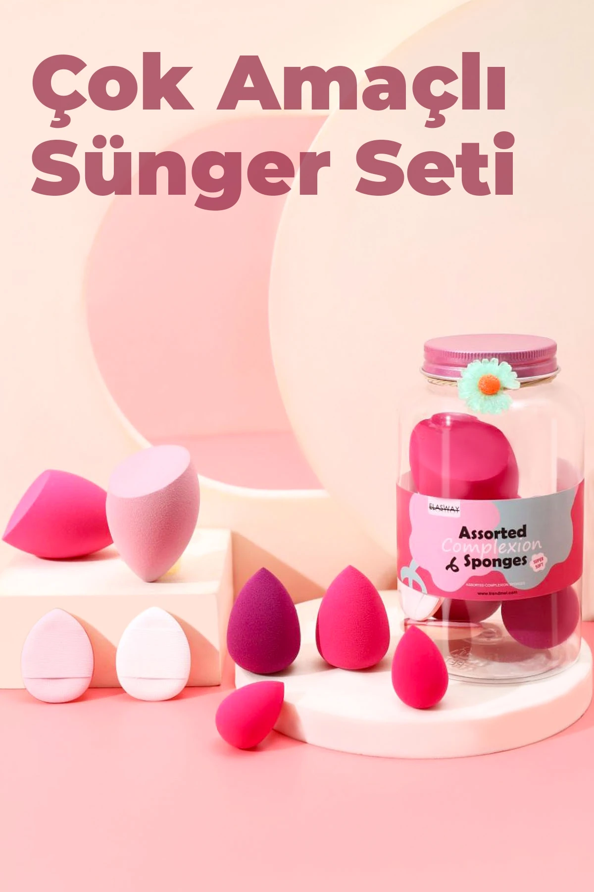 8’li Makyaj Süngeri Seti – Damla & Kesik Damla + Parmak Bantlı Pudra Pufu, Kavanoz, Toka Hediyeli