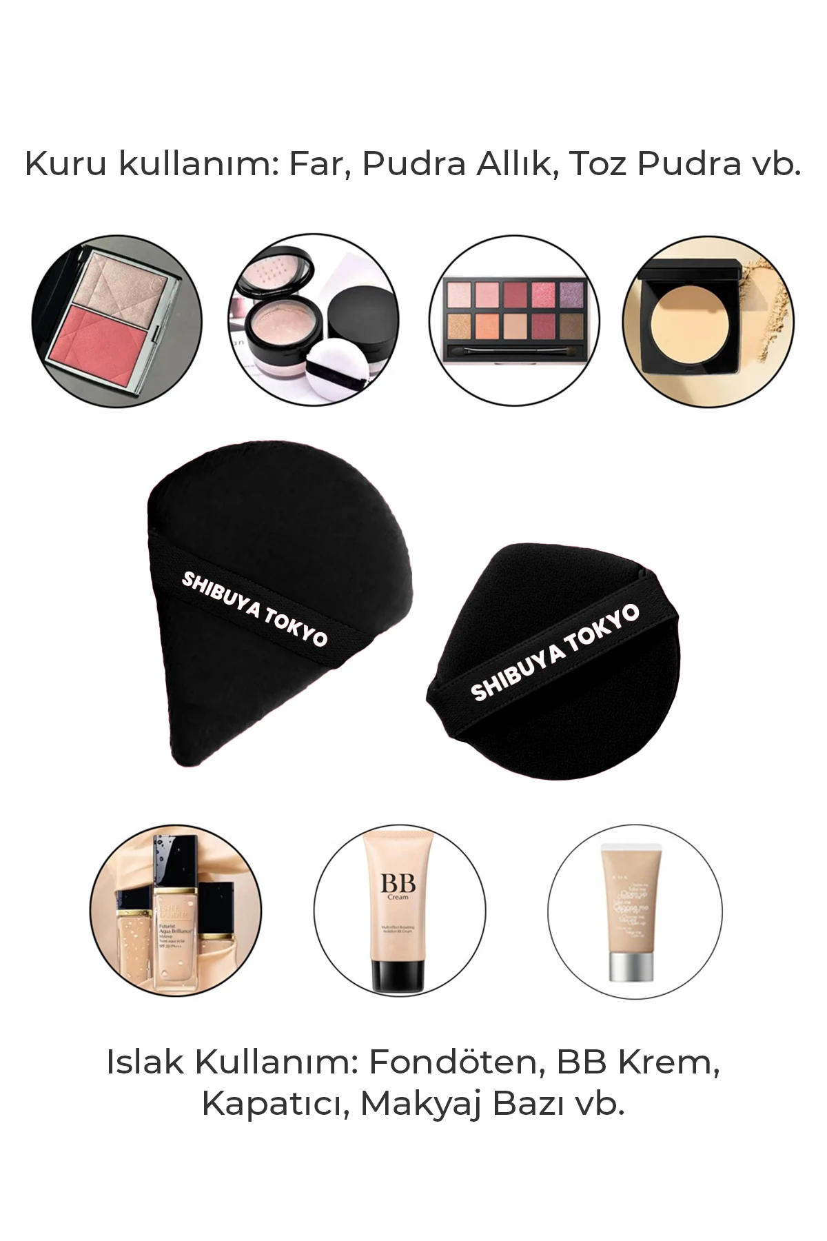 6’lı Üçgen ve Damla Pudra Pufu Makyaj Süngeri Seti – Islak/Kuru, Parmak Bantlı | Siyah