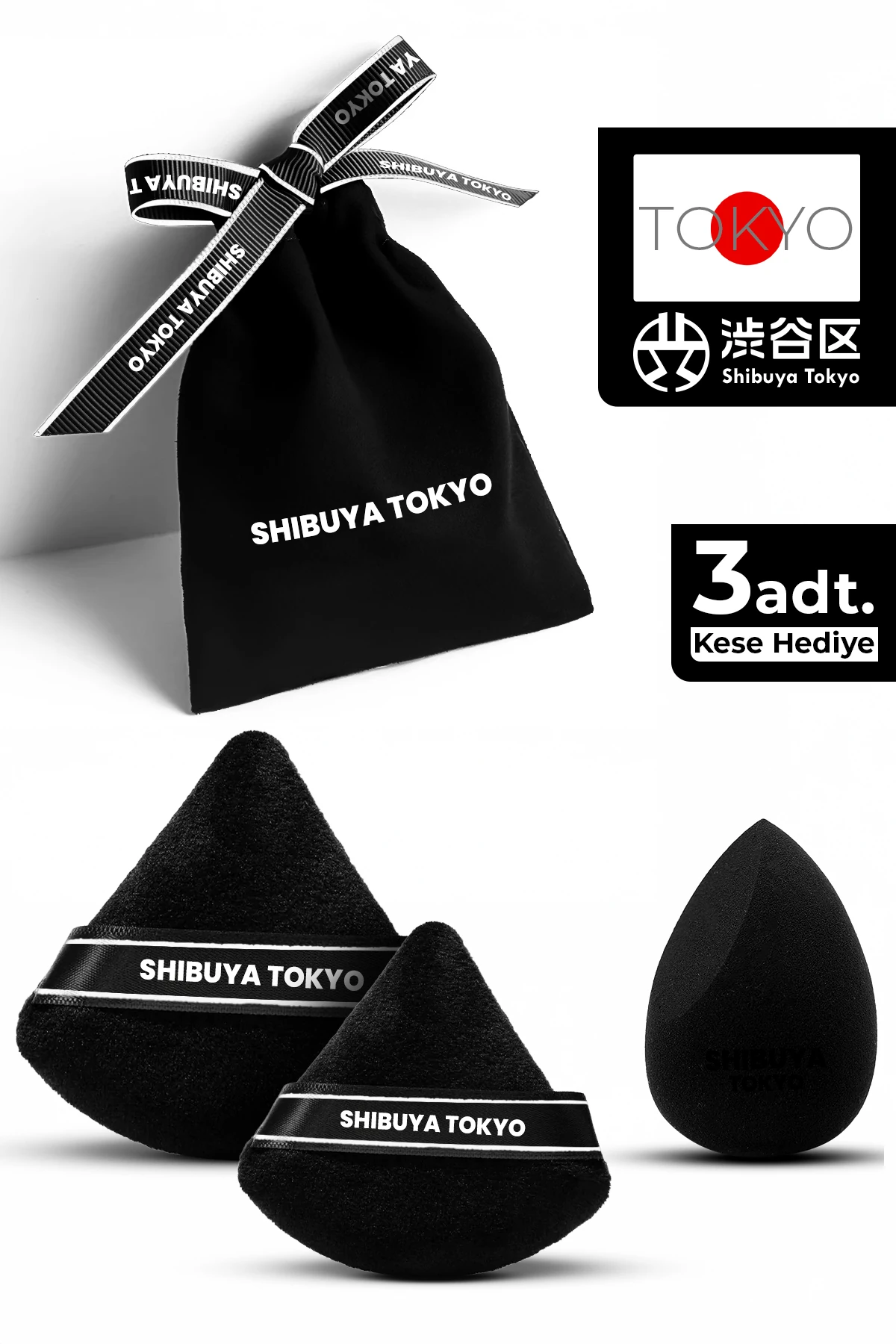 Üçgen Pudra Pufu ve Makyaj Süngeri 3’lü Set Kumaş Kese Siyah