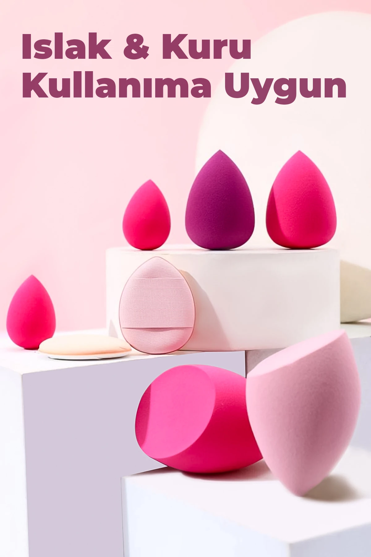 8’li Makyaj Süngeri Seti – Damla & Kesik Damla + Parmak Bantlı Pudra Pufu, Kavanoz, Toka Hediyeli