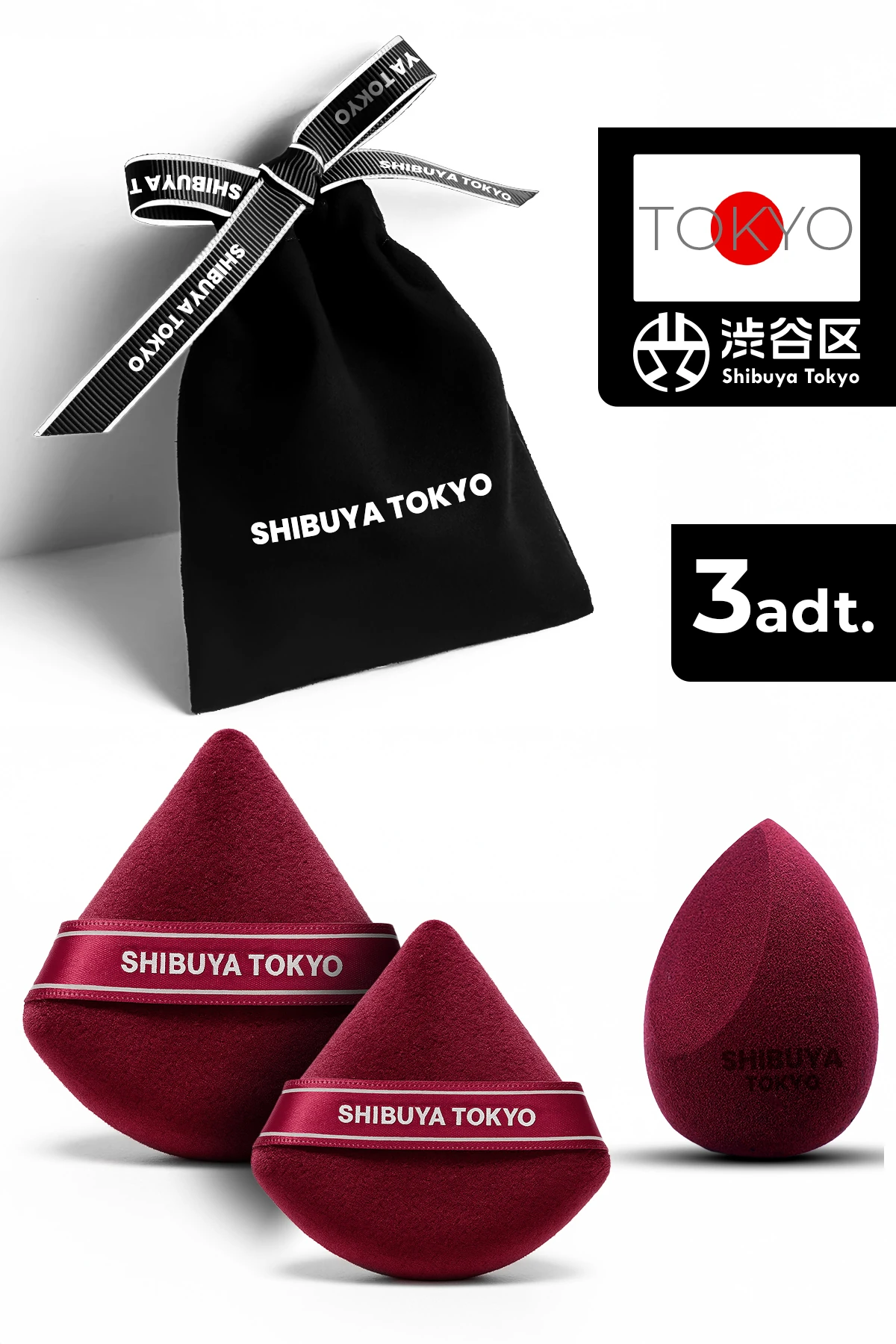 Üçgen Pudra Pufu ve Makyaj Süngeri 3’lü Set Kumaş Kese Bordo