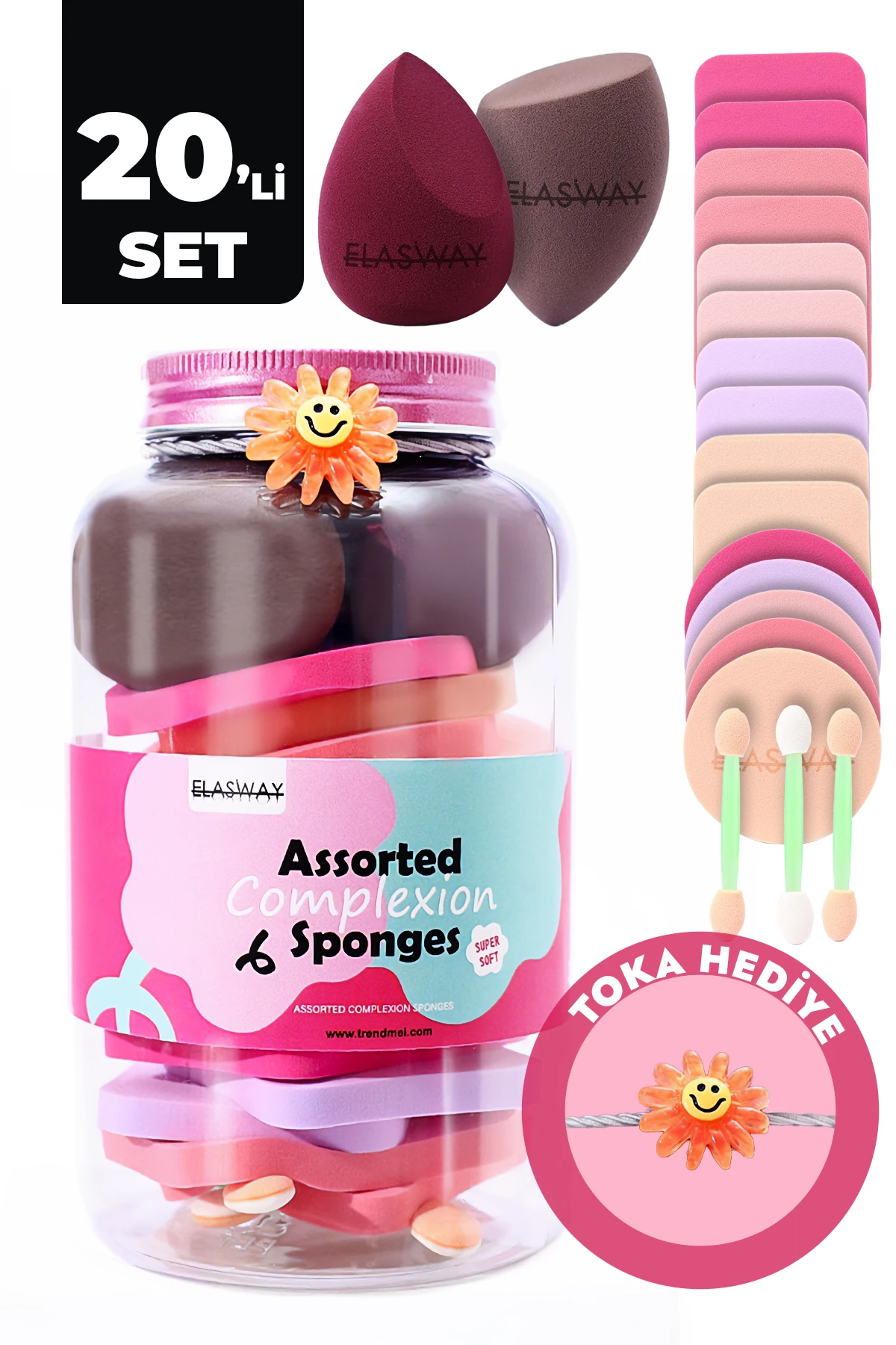 20’li Makyaj Sünger Seti Damla & Kesik Sünger, Pudra Pufları, Far Aplikatörü, Toka Hediyeli