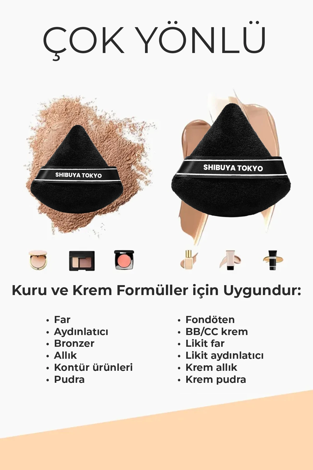 Üçgen Pudra Pufu ve Makyaj Süngeri 3’lü Set Kumaş Kese Siyah