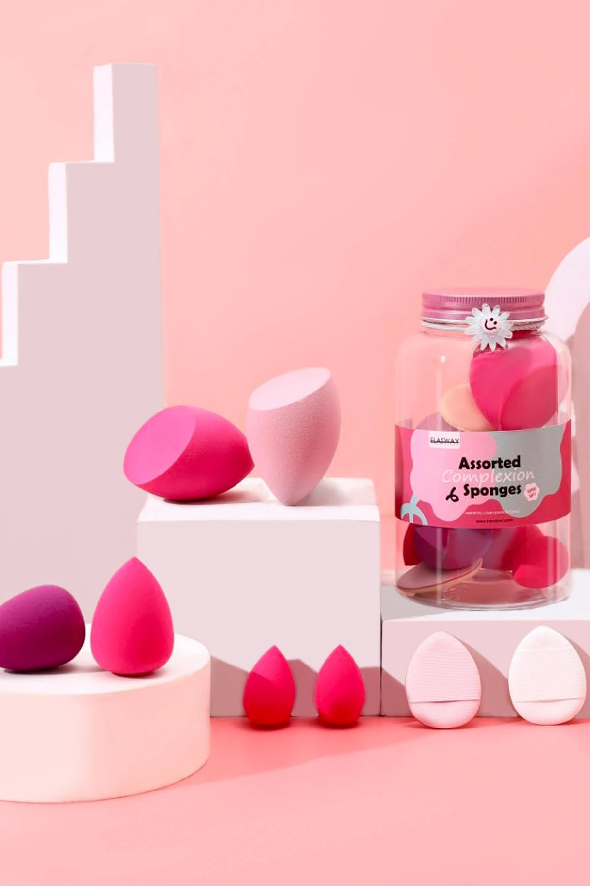 8’li Makyaj Süngeri Seti – Damla & Kesik Damla + Parmak Bantlı Pudra Pufu, Kavanoz, Toka Hediyeli