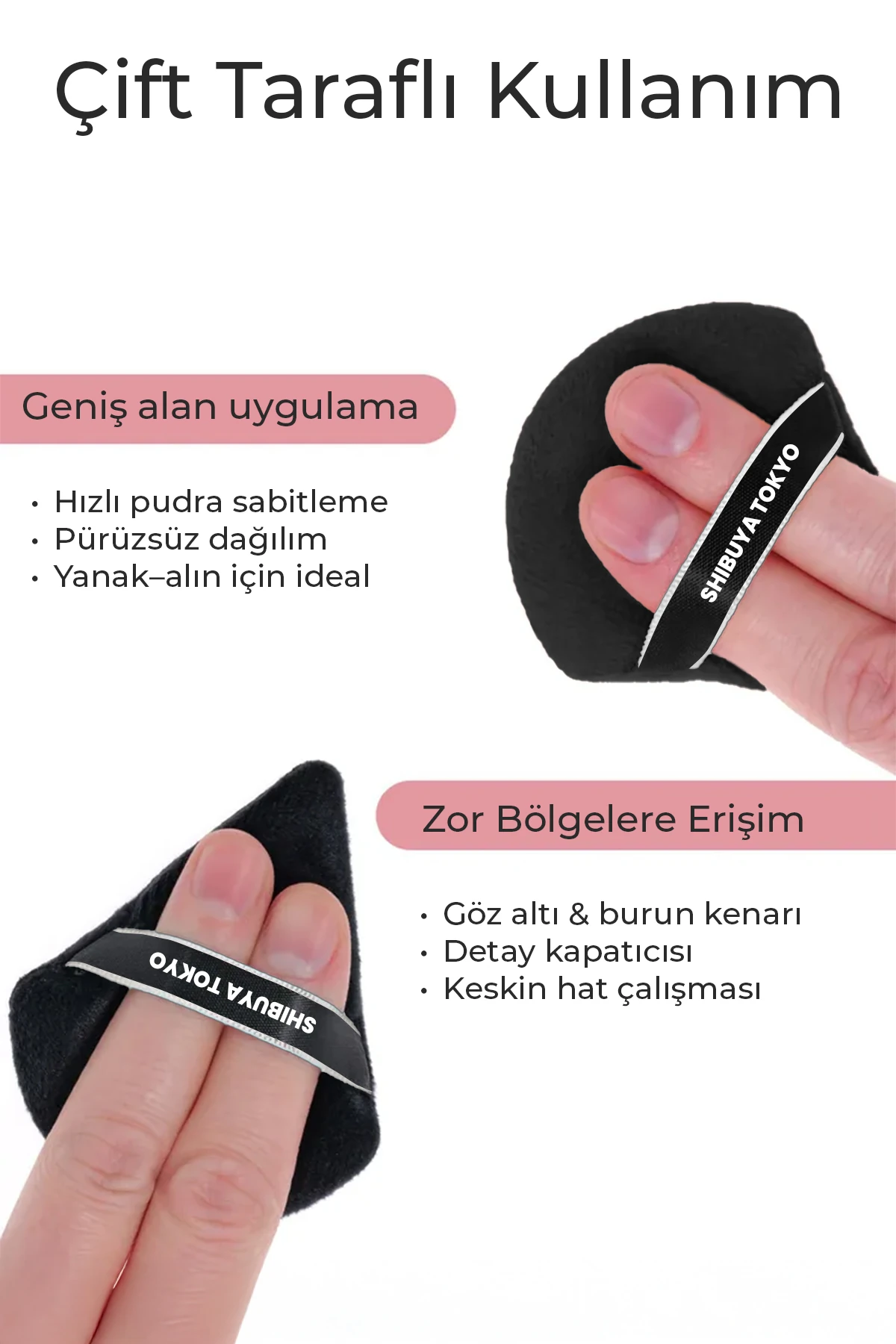 Üçgen Pudra Pufu ve Makyaj Süngeri 3’lü Set Kumaş Kese Siyah