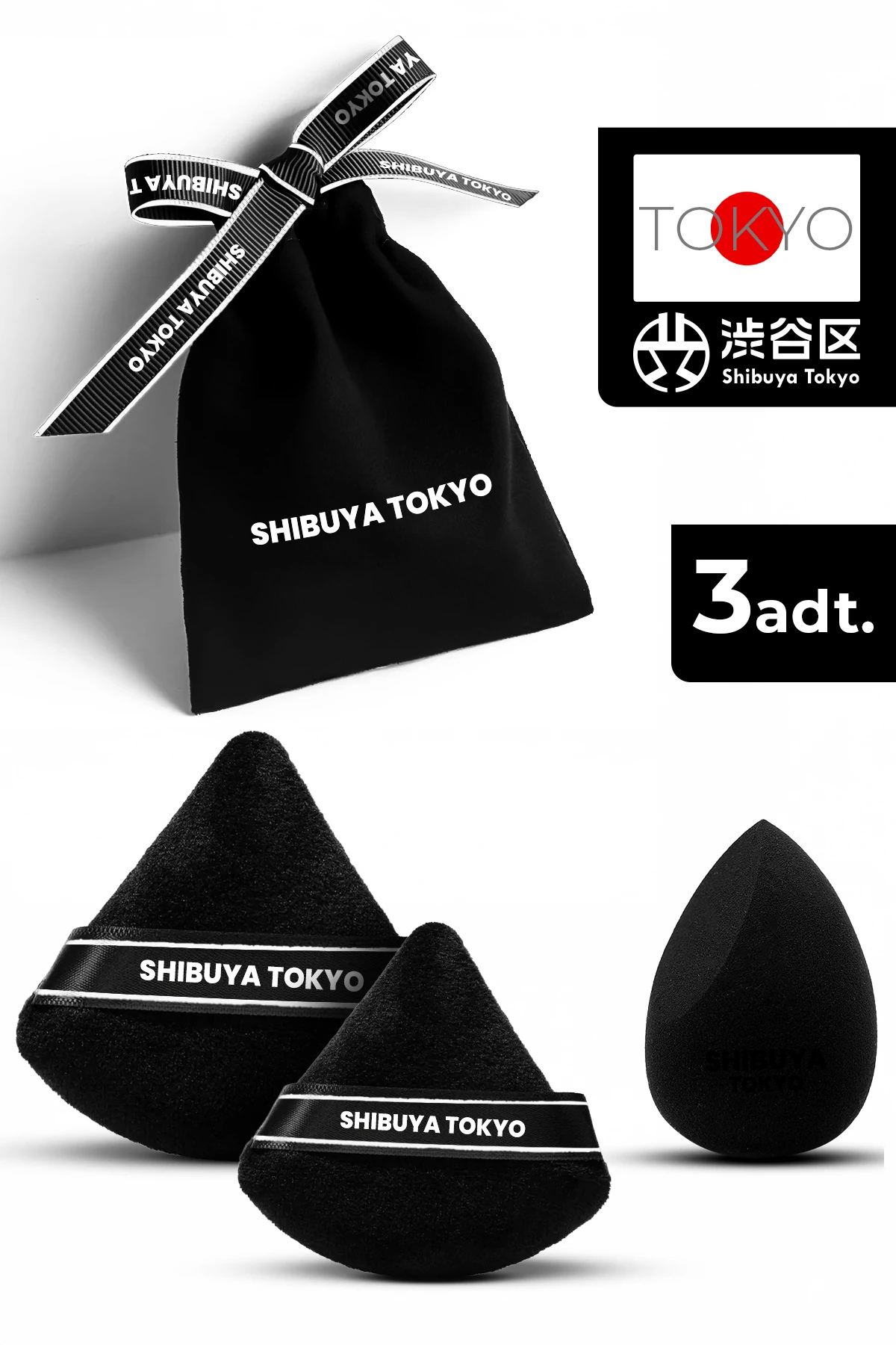 Üçgen Pudra Pufu ve Makyaj Süngeri 3’lü Set Kumaş Kese Siyah