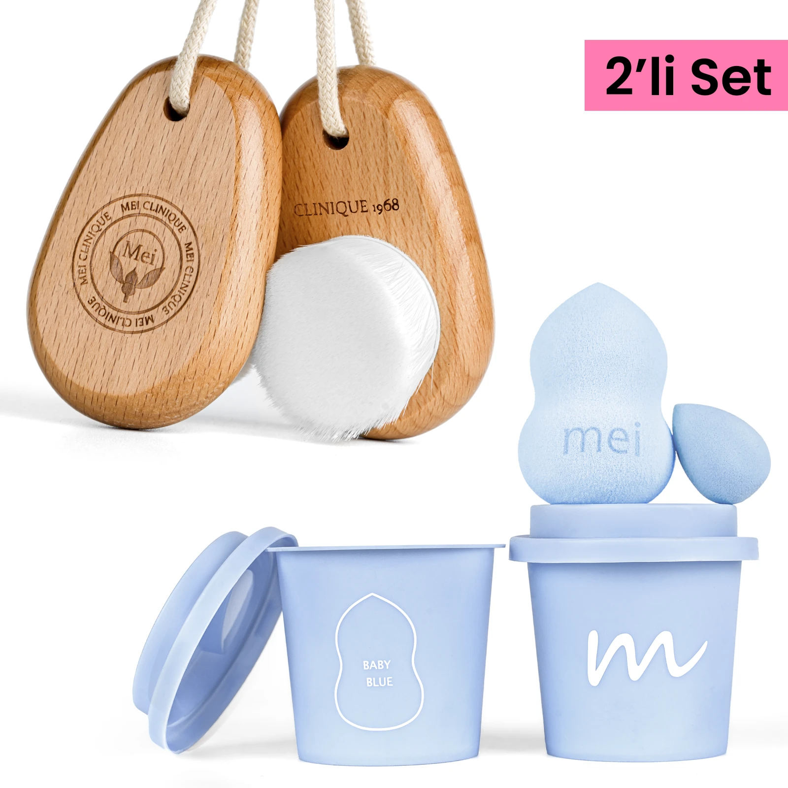 2'li SET | Makyaj Süngeri Mavi & Yüz Ve Cilt Bakım Temizleme Fırçası Beyaz