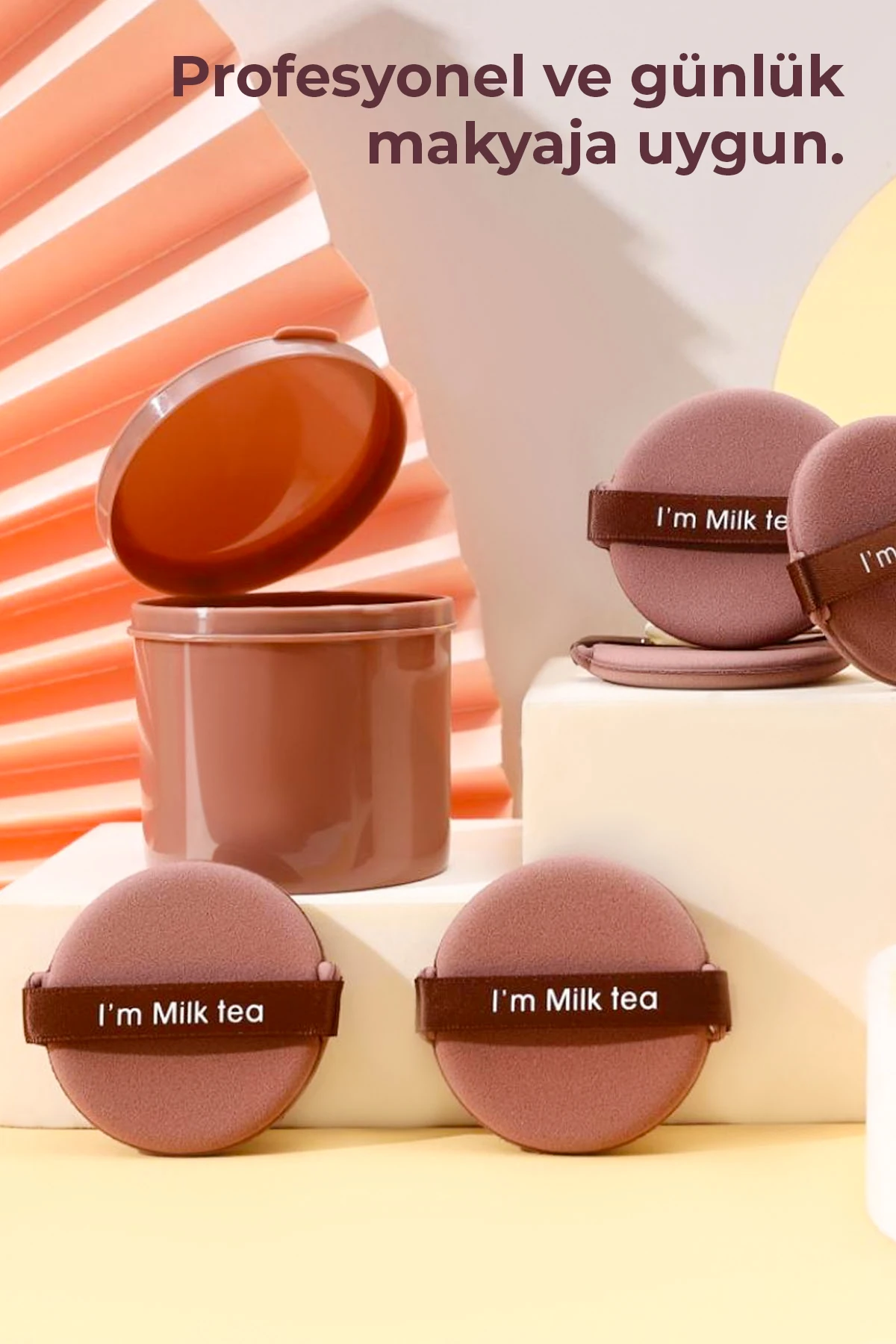 7’li Yuvarlak Pudra Pufu Makyaj Süngeri Seti Islak/Kuru Parmak Bantlı Kutulu – Milk Tea Kahve