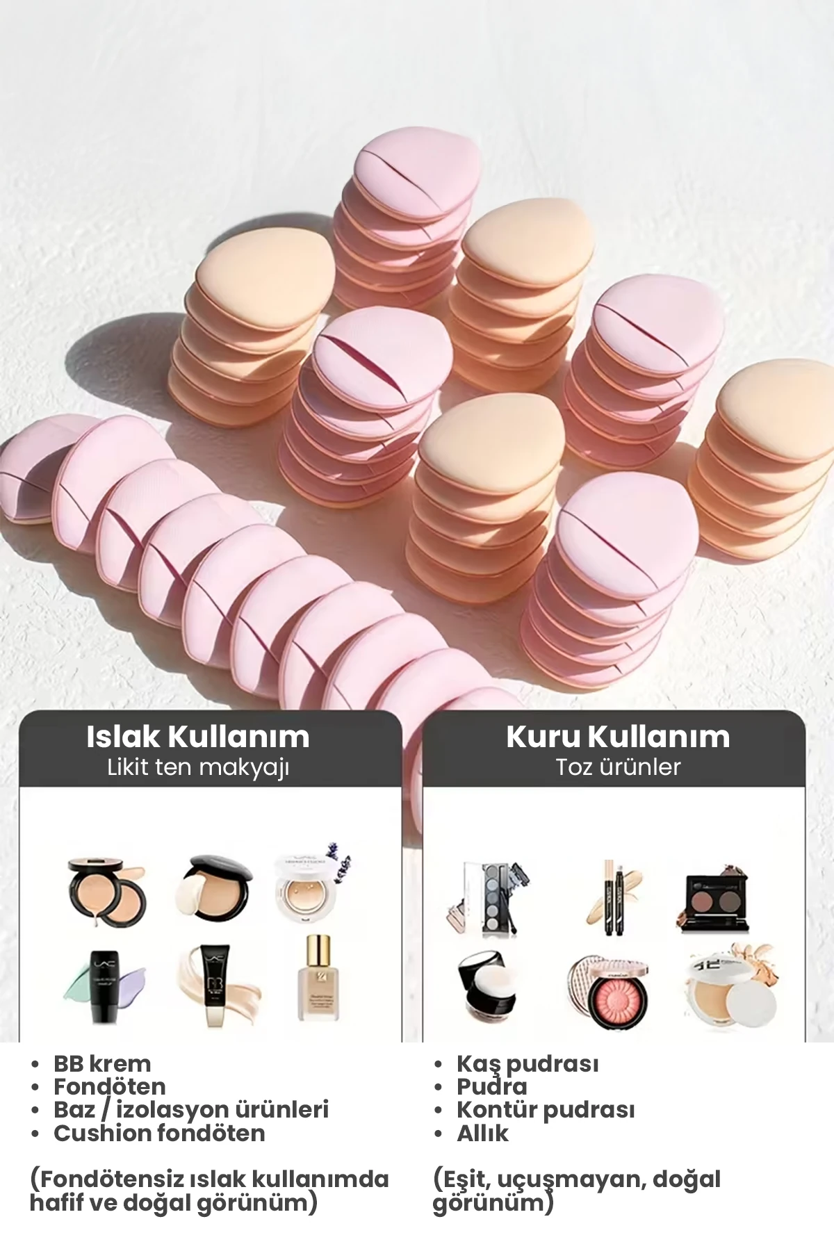 50’li Mini Pudra Pufu Makyaj Süngeri Seti – Kalp & Damla, Düz ve Parmak Bantlı, Islak/Kuru Kullanım