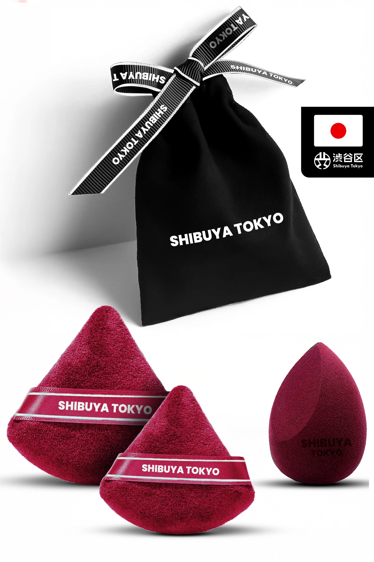 Üçgen Pudra Pufu ve Makyaj Süngeri 3’lü Set Kumaş Kese Bordo