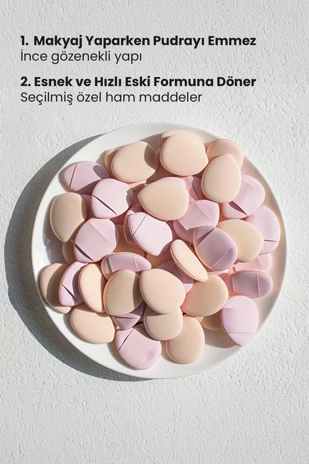 50’li Mini Pudra Pufu Makyaj Süngeri Seti – Kalp & Damla, Düz ve Parmak Bantlı, Islak/Kuru Kullanım