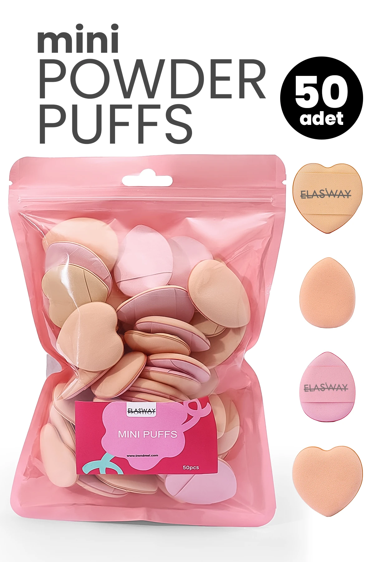50’li Mini Pudra Pufu Makyaj Süngeri Seti – Kalp & Damla, Düz ve Parmak Bantlı, Islak/Kuru Kullanım