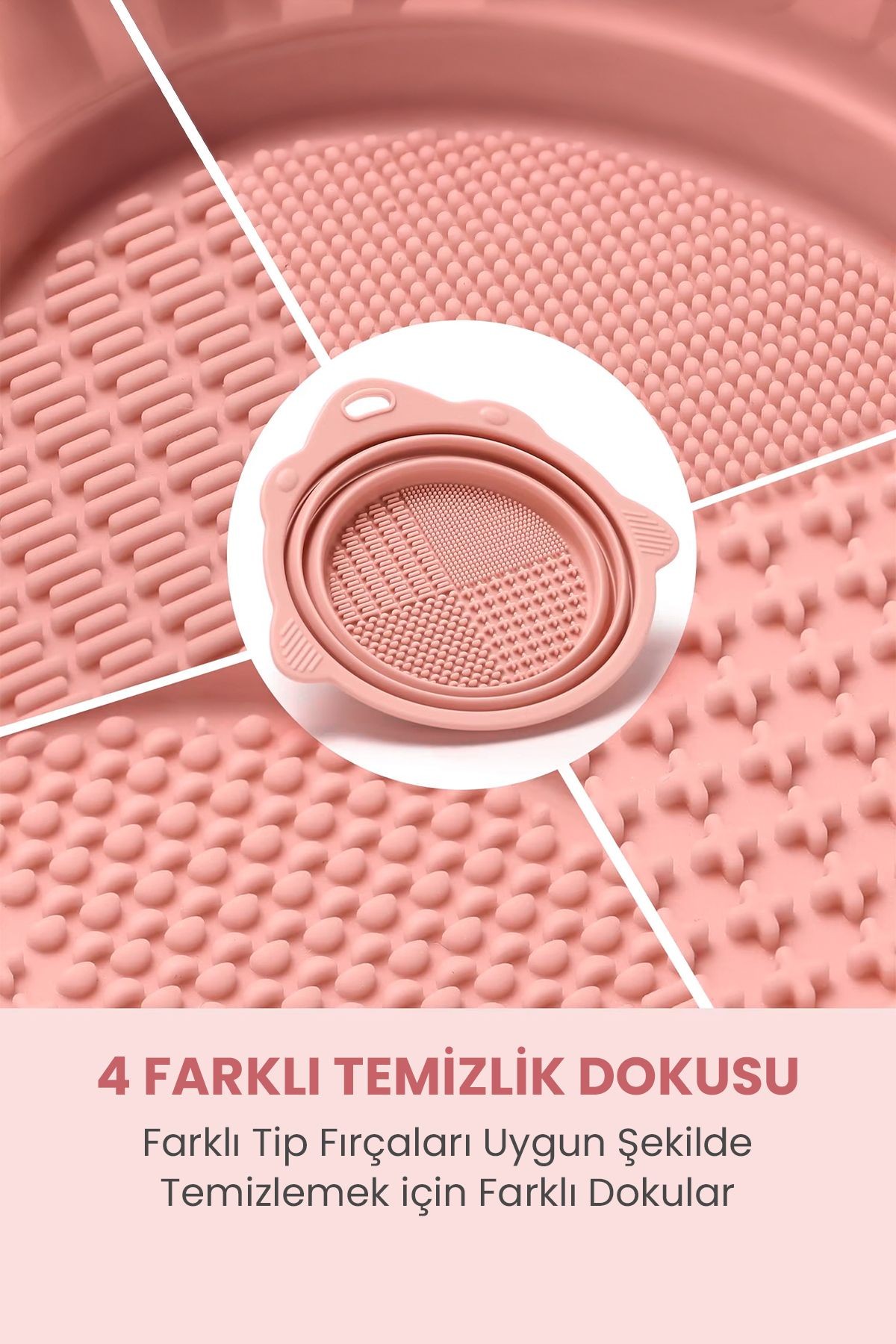 Silikon Makyaj Fırçası Temizleme Kabı Aparatı, Katlanabilir, Fırça ve Sünger Temizleme Matı - Pembe