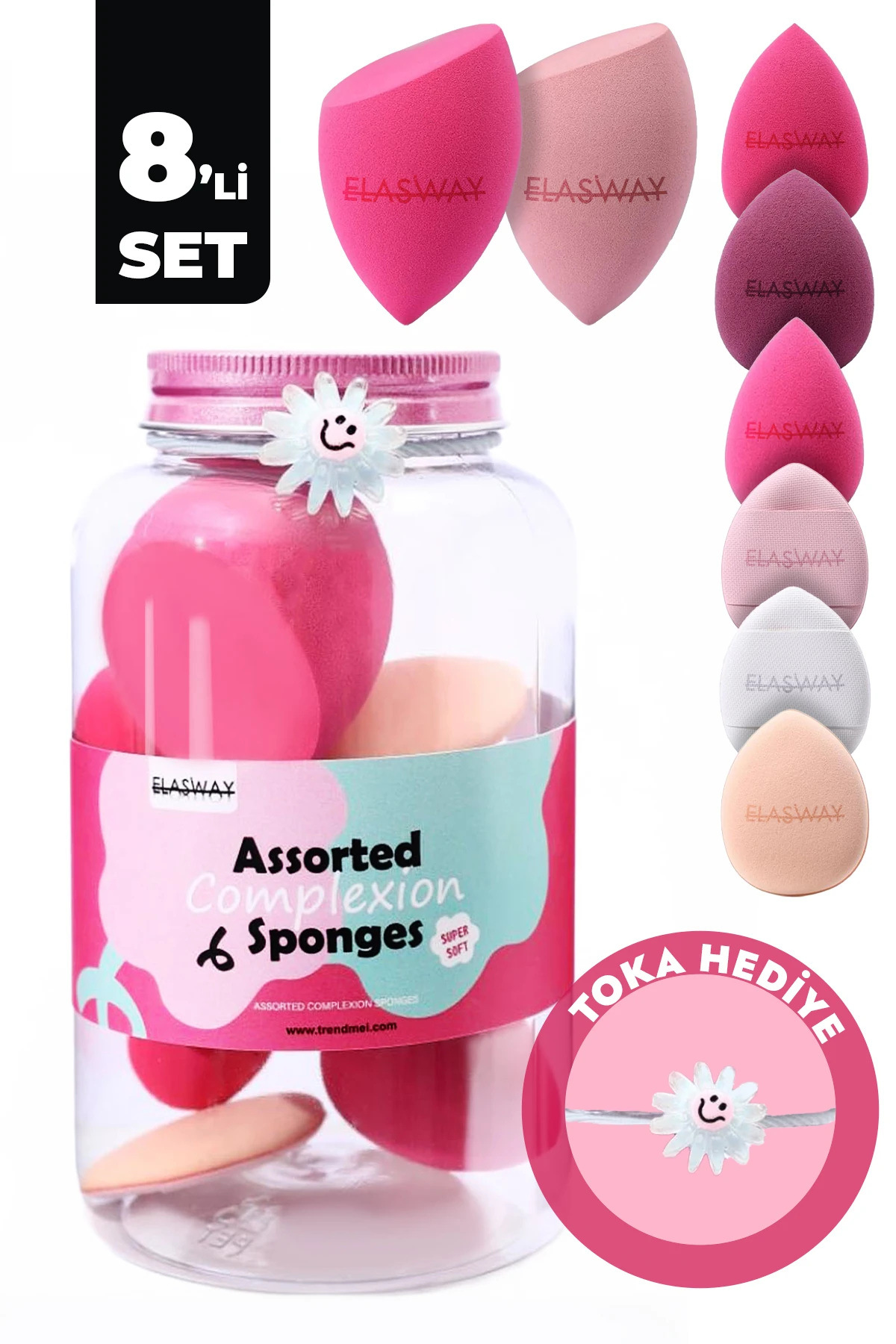 8’li Makyaj Süngeri Seti – Damla & Kesik Damla + Parmak Bantlı Pudra Pufu, Kavanoz, Toka Hediyeli