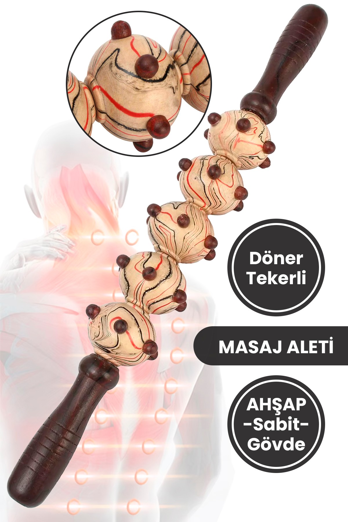 Ahşap Selülit Masaj Rulosu 5 Tekerlekli Lenf Drenajı GuaSha Etkili Kas Gevşetici Vücut Masaj Çubuğu