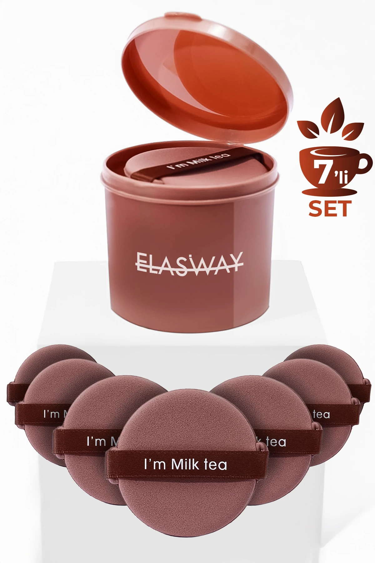 7’li Yuvarlak Pudra Pufu Makyaj Süngeri Seti Islak/Kuru Parmak Bantlı Kutulu – Milk Tea Kahve
