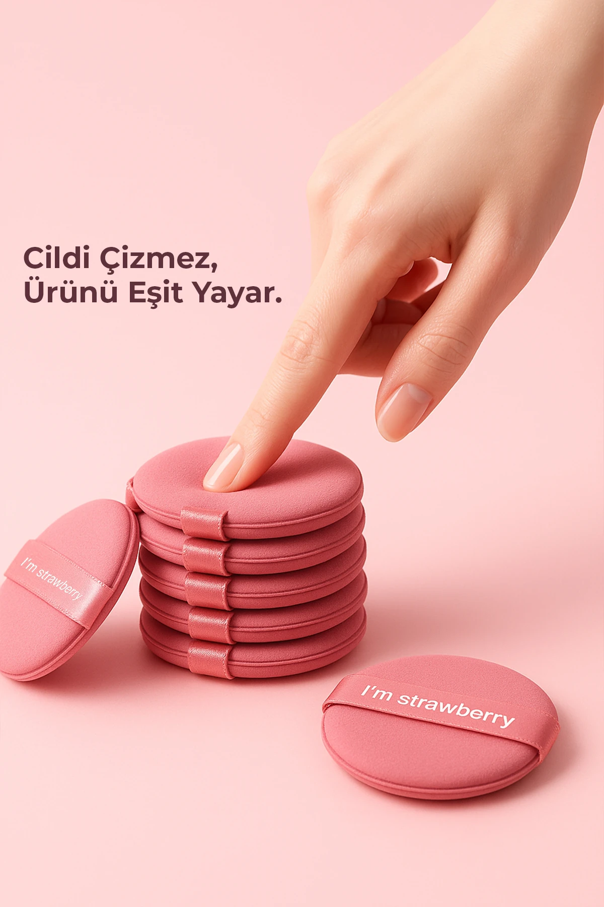 7’li Yuvarlak Pudra Pufu Makyaj Süngeri Seti Islak/Kuru Parmak Bantlı Kutulu – Strawberry Pembe