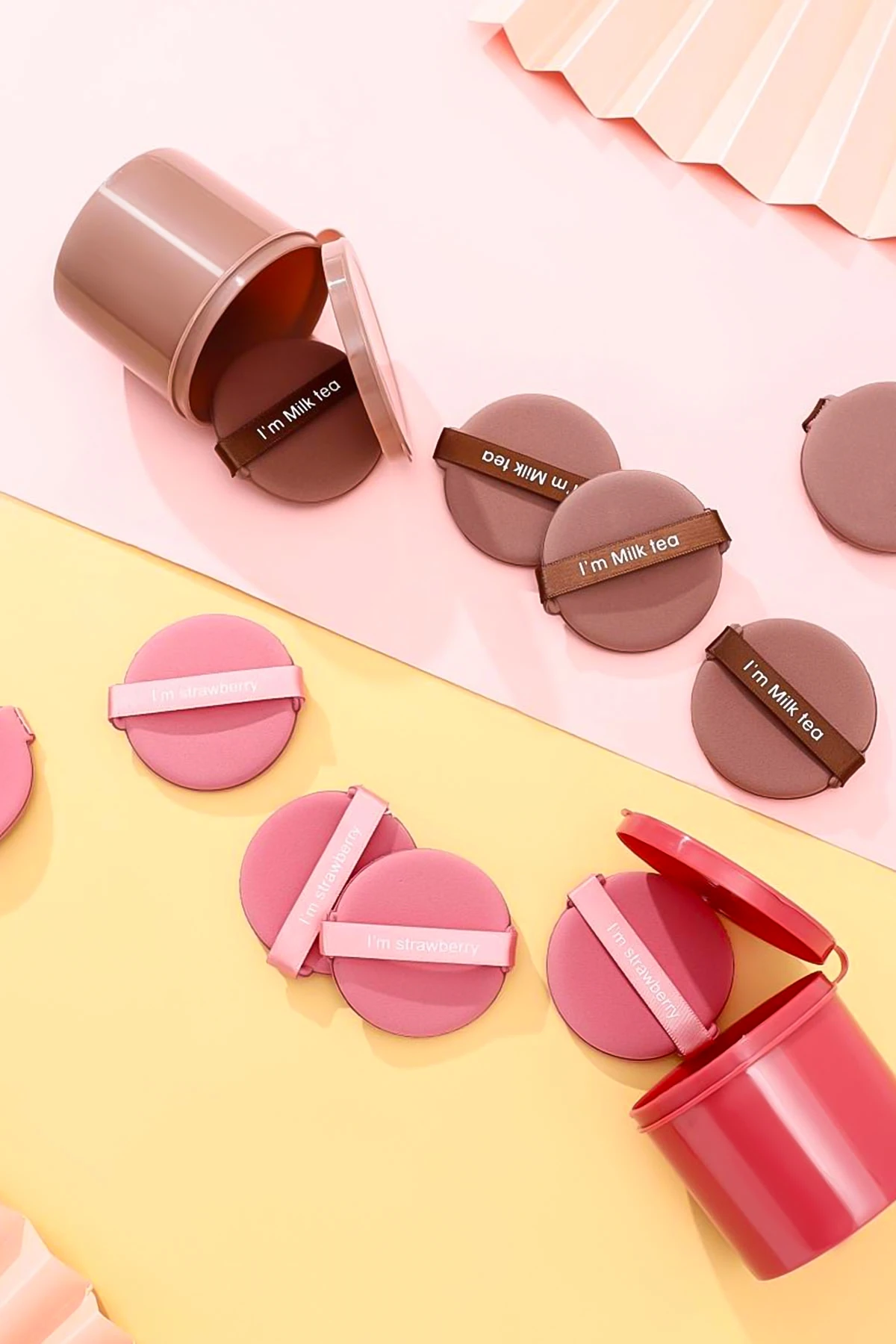 7’li Yuvarlak Pudra Pufu Makyaj Süngeri Seti Islak/Kuru Parmak Bantlı Kutulu – Milk Tea Kahve