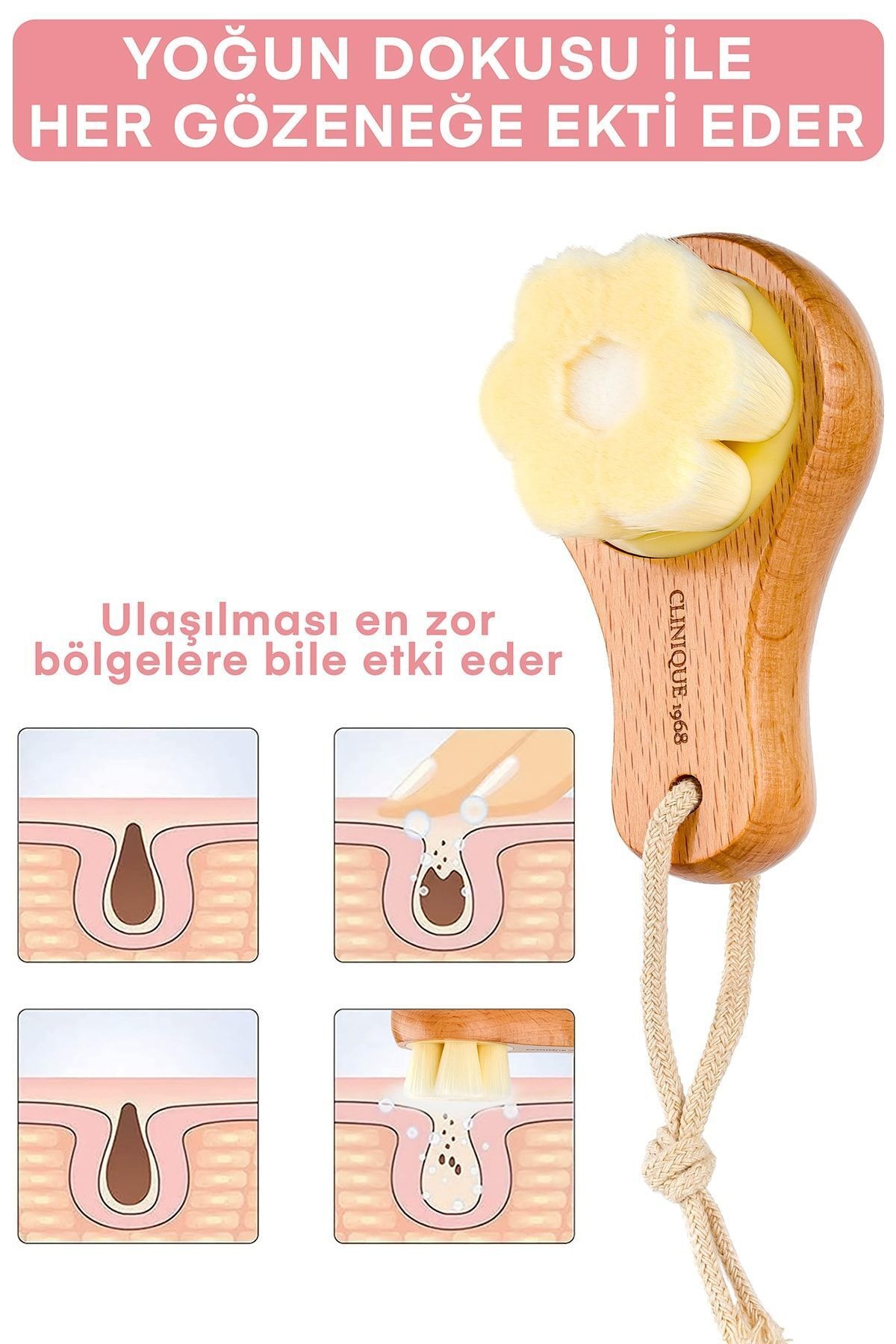 Yüz Ve Cilt Bakım Temizleme Fırçası – Ultra Yumuşak Ipek Kıl, Siyah Nokta Karşıtı, Doğal Ahşap Saplı - Bej