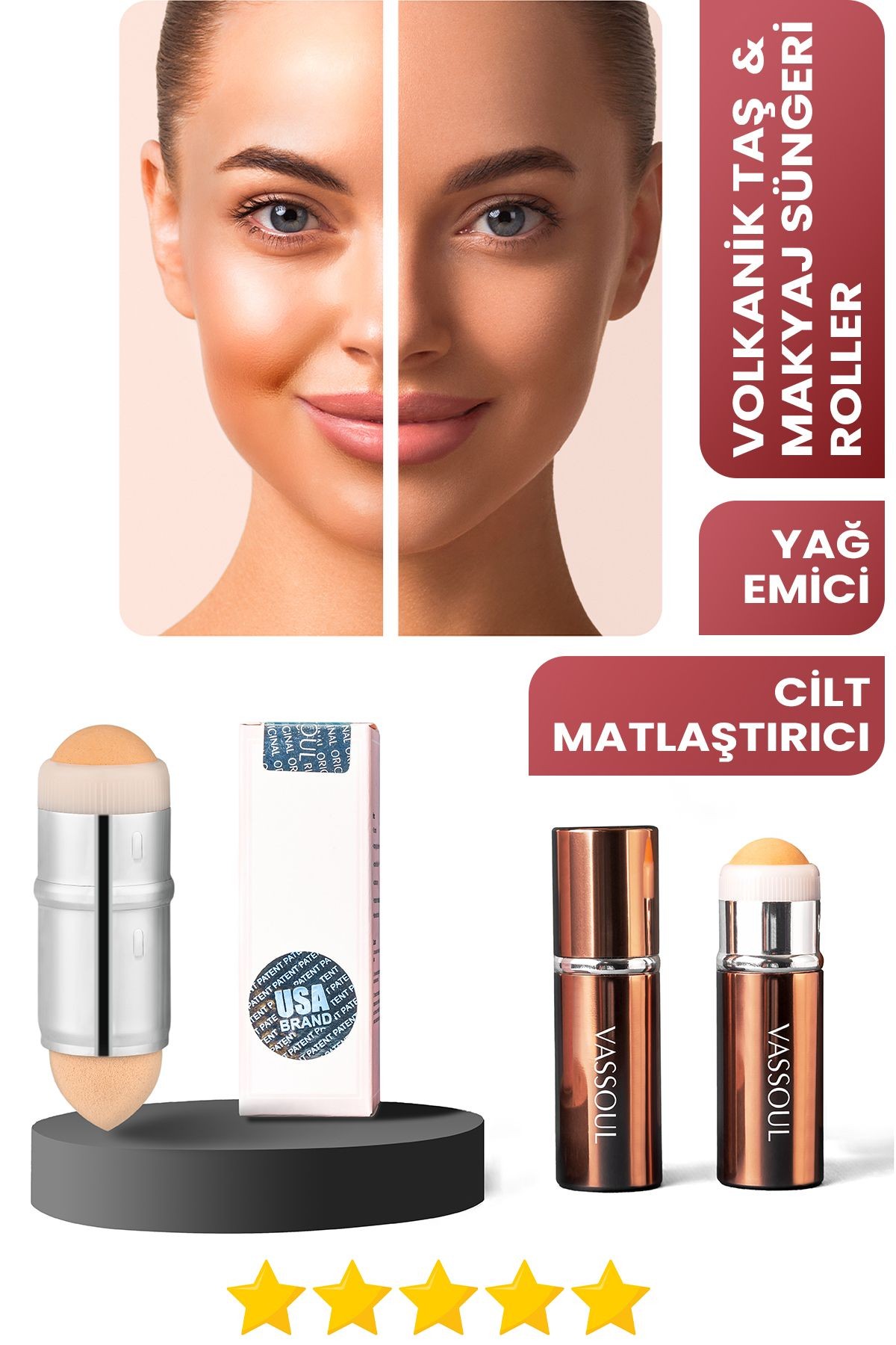 Volkanik Taş Yüz Roller, Yağ Emici, Cilt Matlaştırıcı Lav Taş + Makyaj Süngeri