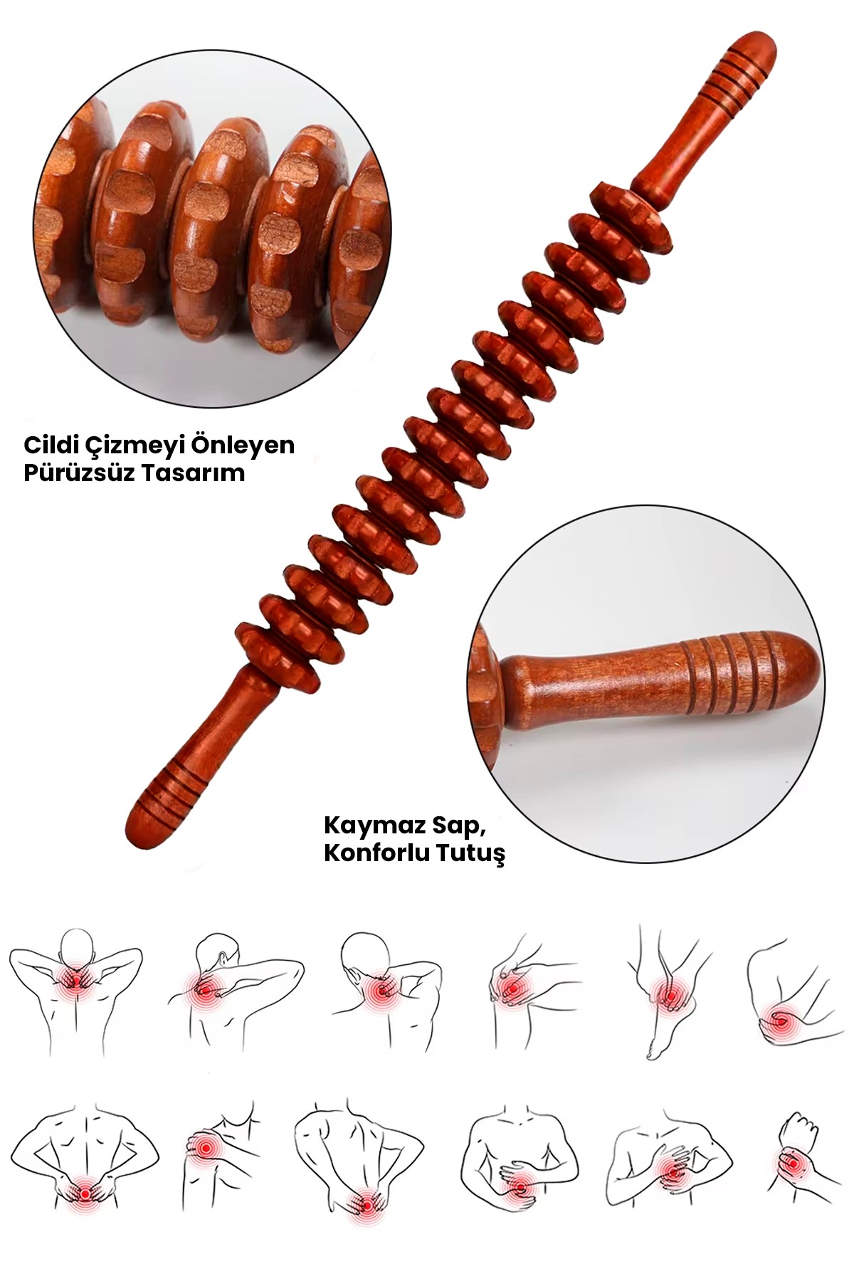 Sabit 16 Tekerlekli Ahşap Gua Sha Vücut Masaj Çubuğu | Derin Kas Rahatlatıcı Roller