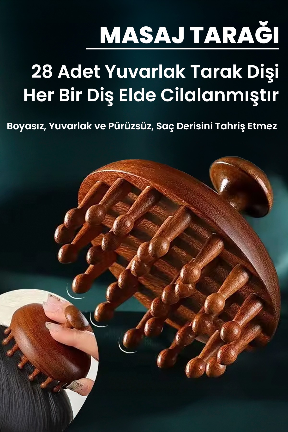 Sandal Ağacı Doğal Ahşap Masaj Tarağı | 28 Dişli Saç Derisi ve Vücut Masaj Tarağı
