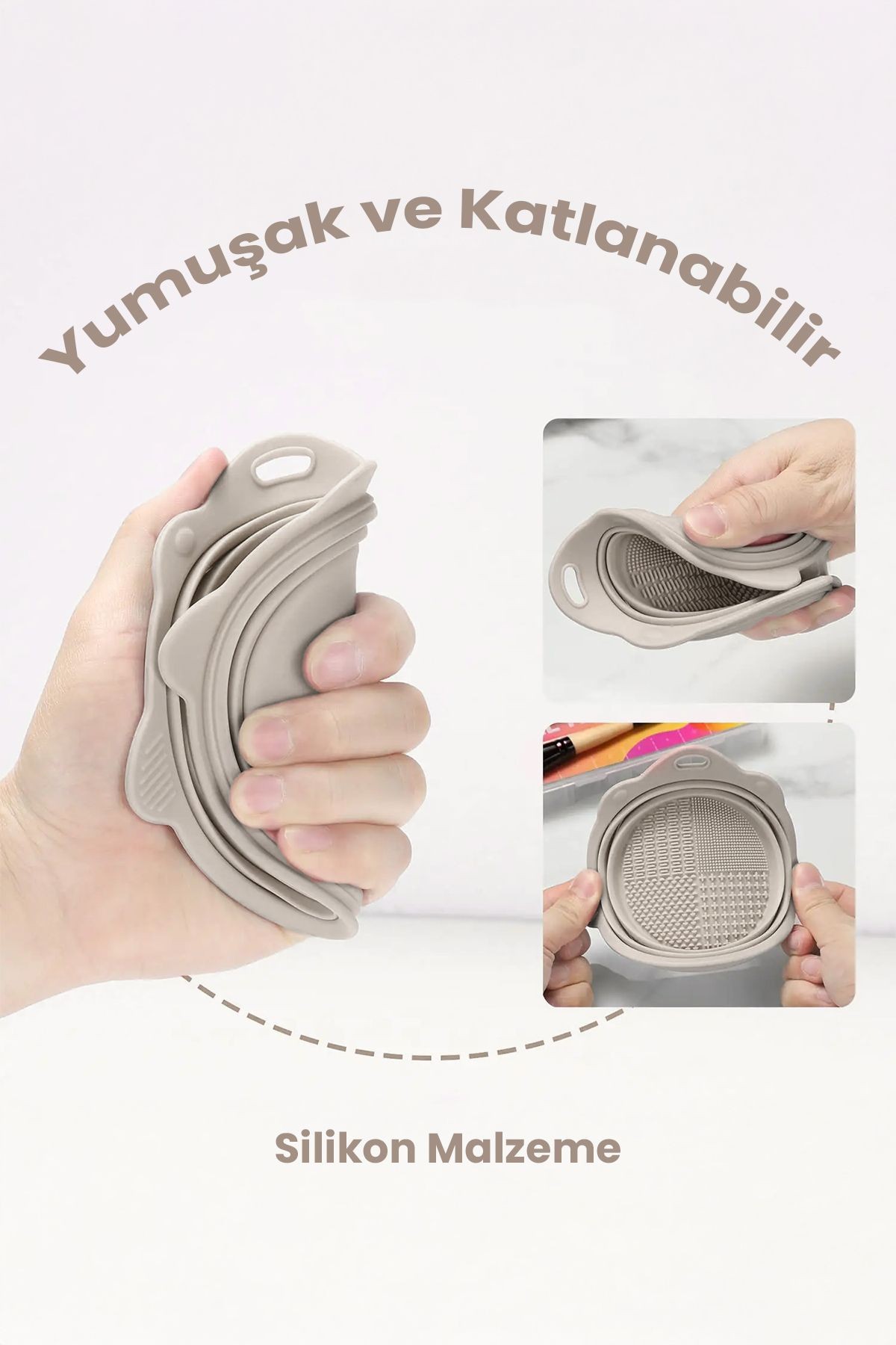 Silikon Makyaj Fırçası Temizleme Kabı Aparatı, Katlanabilir, Fırça ve Sünger Temizleme Matı - Bej