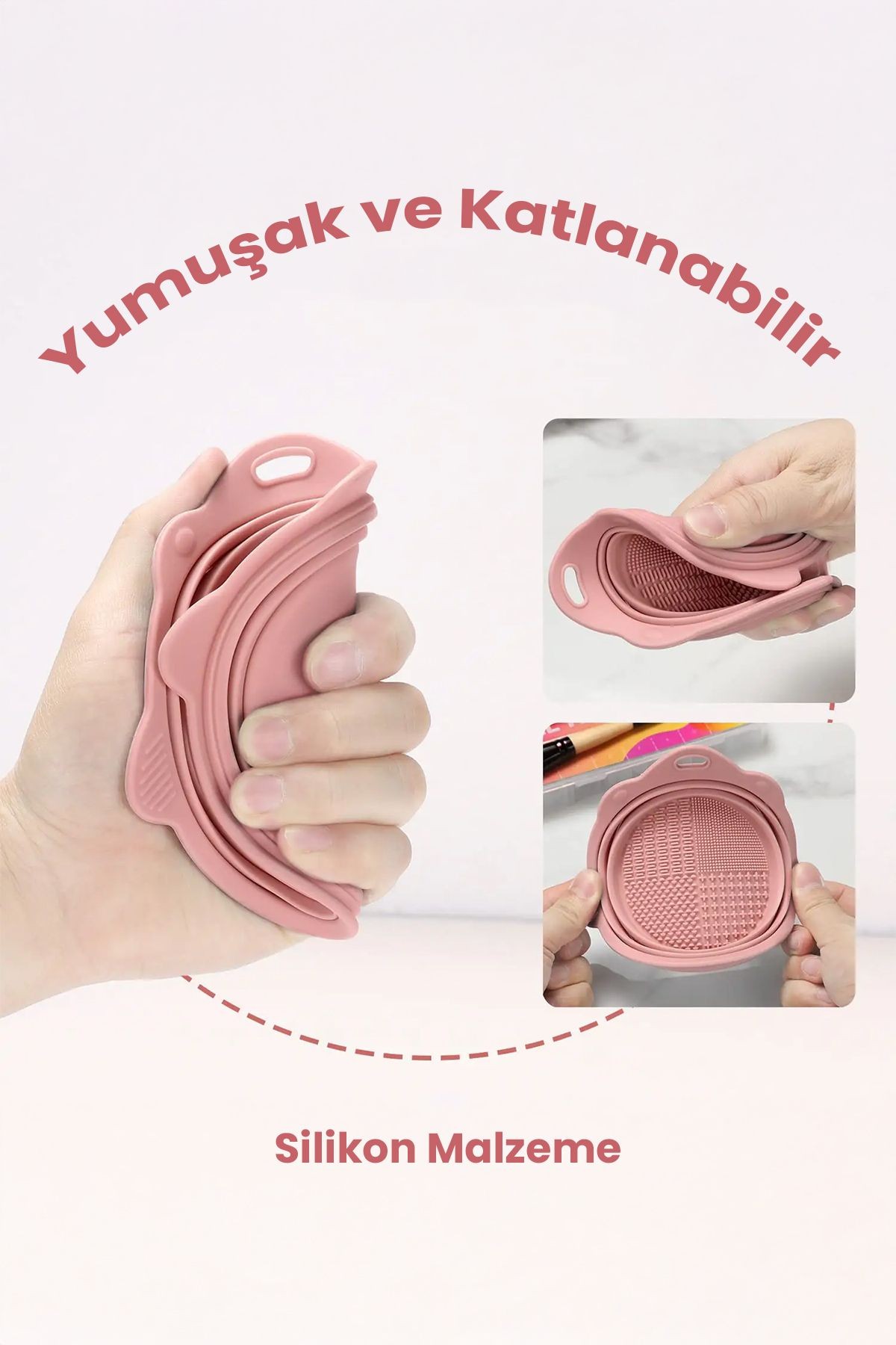 Silikon Makyaj Fırçası Temizleme Kabı Aparatı, Katlanabilir, Fırça ve Sünger Temizleme Matı - Pembe