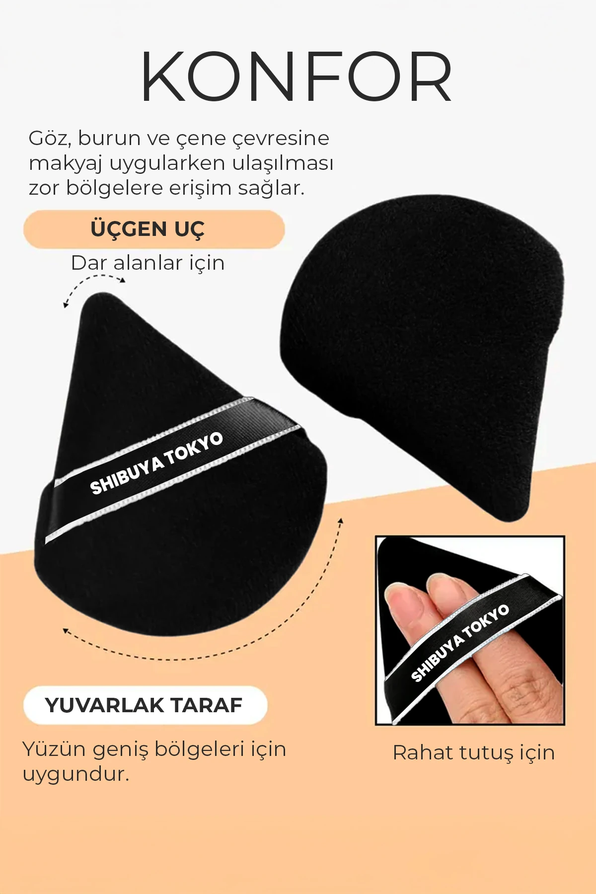 Üçgen Pudra Pufu ve Makyaj Süngeri 3’lü Set Kumaş Kese Siyah