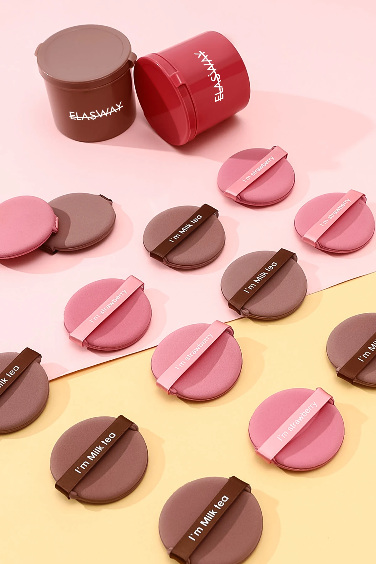 7’li Yuvarlak Pudra Pufu Makyaj Süngeri Seti Islak/Kuru Parmak Bantlı Kutulu – Strawberry Pembe