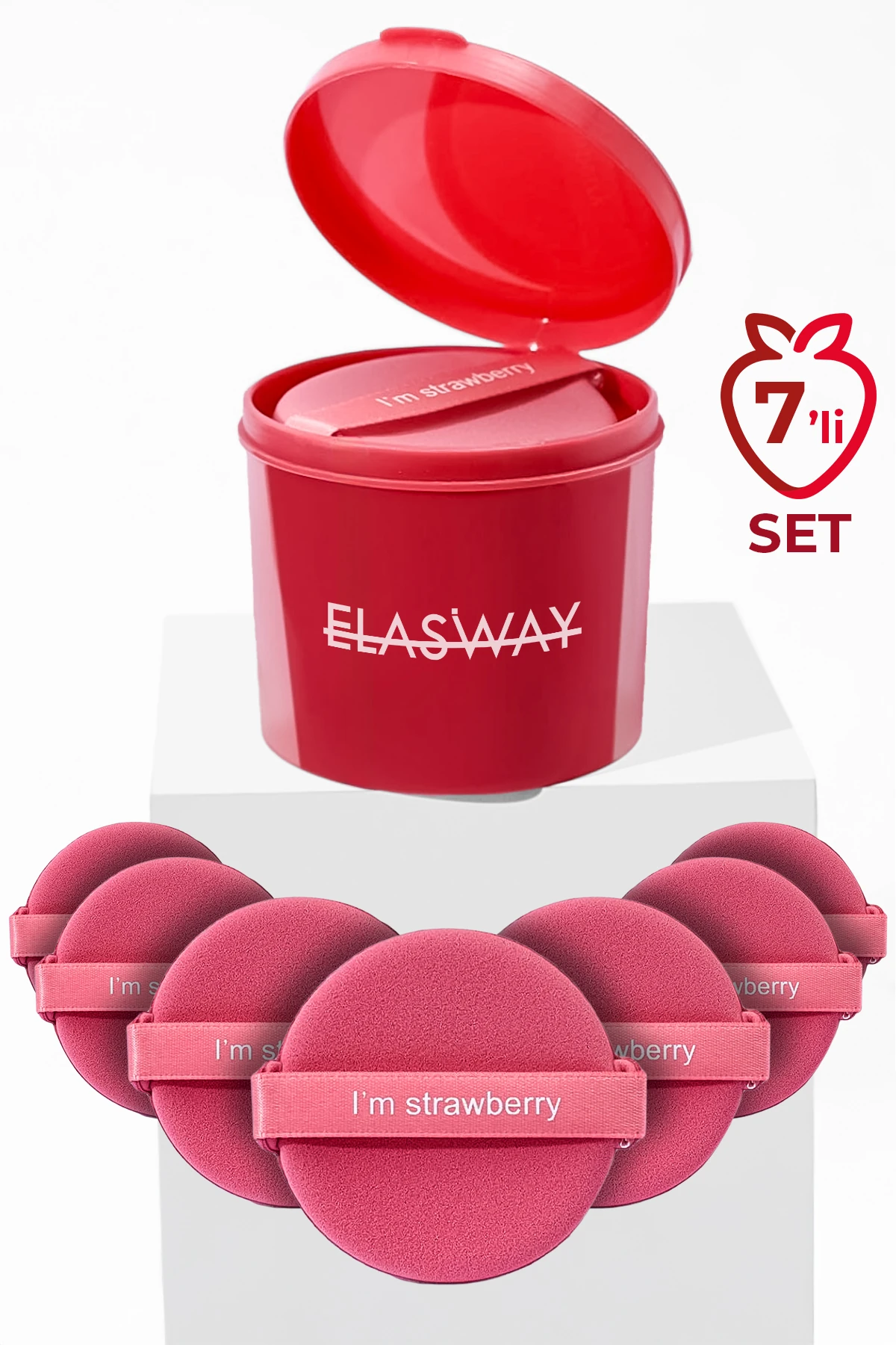 7’li Yuvarlak Pudra Pufu Makyaj Süngeri Seti Islak/Kuru Parmak Bantlı Kutulu – Strawberry Pembe