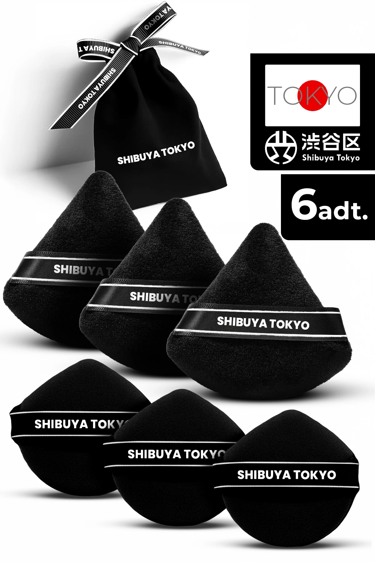 6’lı Üçgen ve Damla Pudra Pufu Makyaj Süngeri Seti – Islak/Kuru, Parmak Bantlı | Siyah