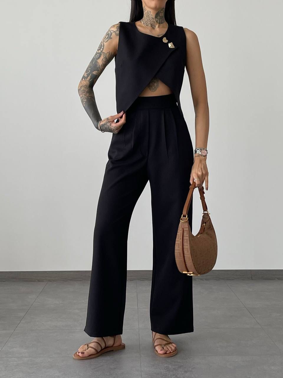 Black Asymmetric Cut Gold Button Detail Trouser Suit