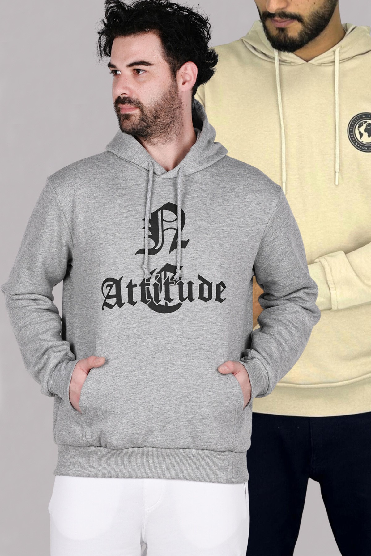 Grey-Cream Hooded Printed Men's 2-piece Sweatshirt