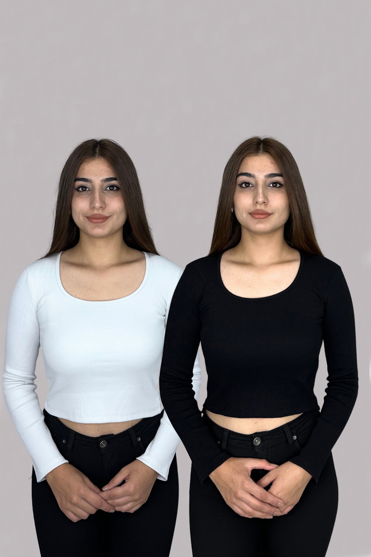 Siyah-Beyaz Kare Yaka Uzun Kol Fitilli Kaşkorse Body 2'li Set