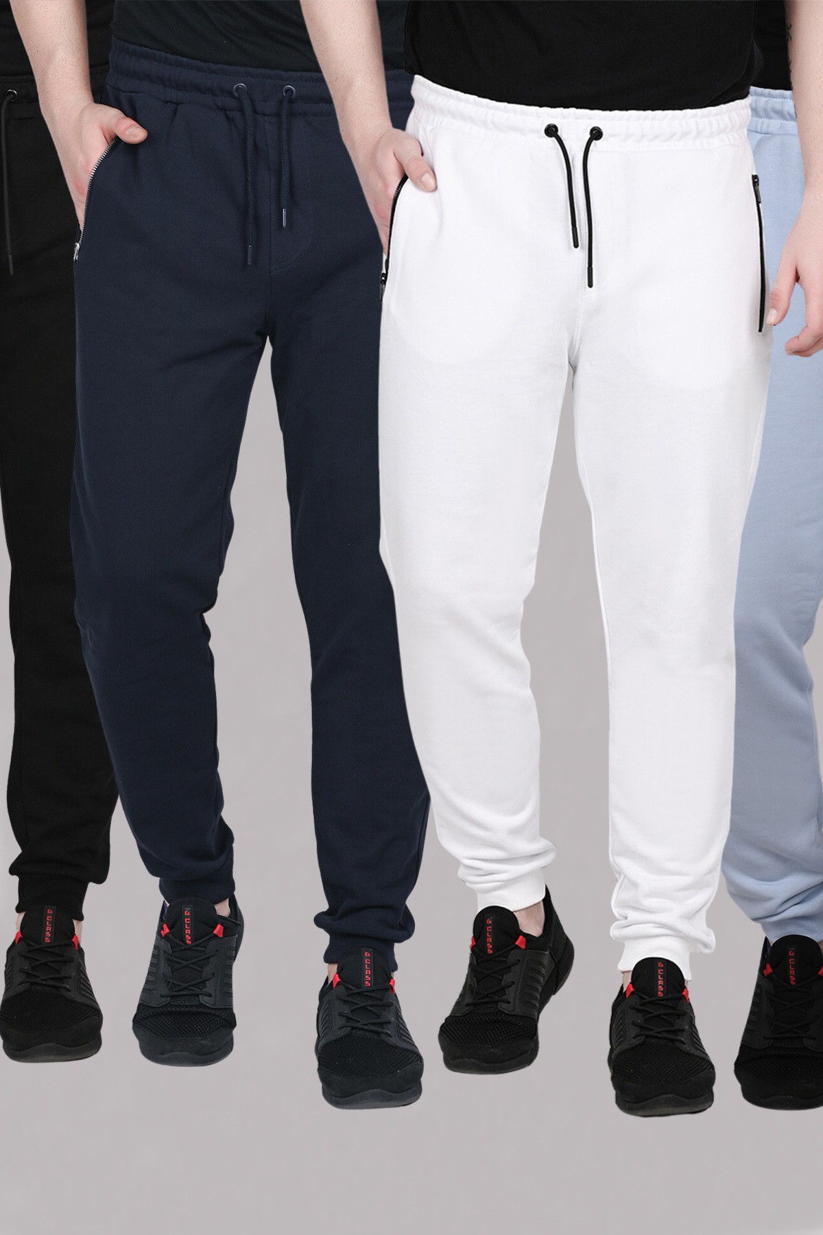 Blue-Navy-White-Black 4-piece Men's Tracksuit Bottoms With Zipper Pockets