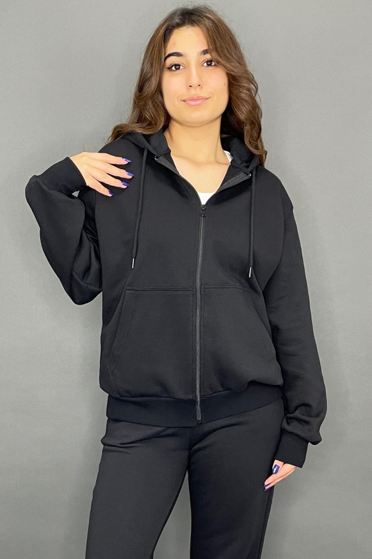 Kadın Regular Fit Fermuarlı Siyah Sweatshirt