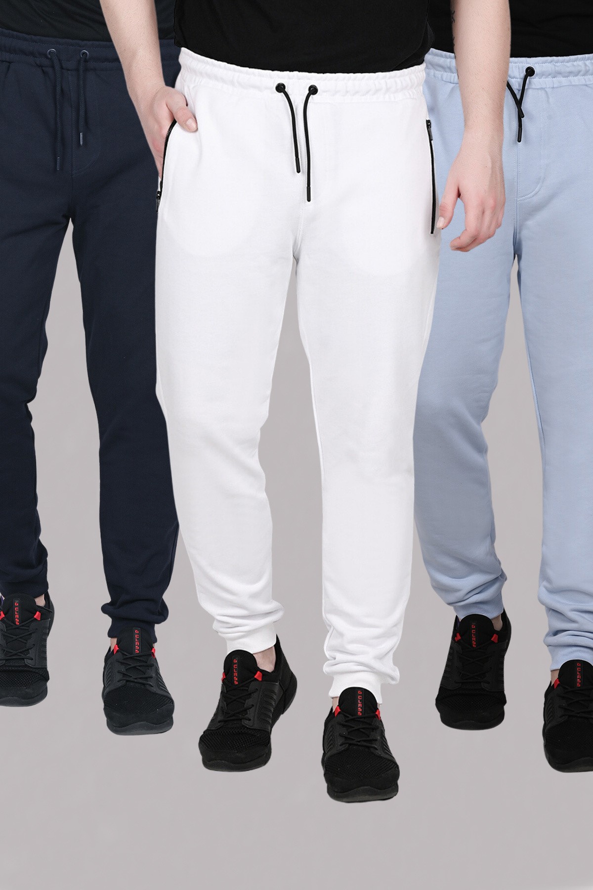 Blue-Navy-White 3-piece Men's Tracksuit Bottoms With Zipper Pockets