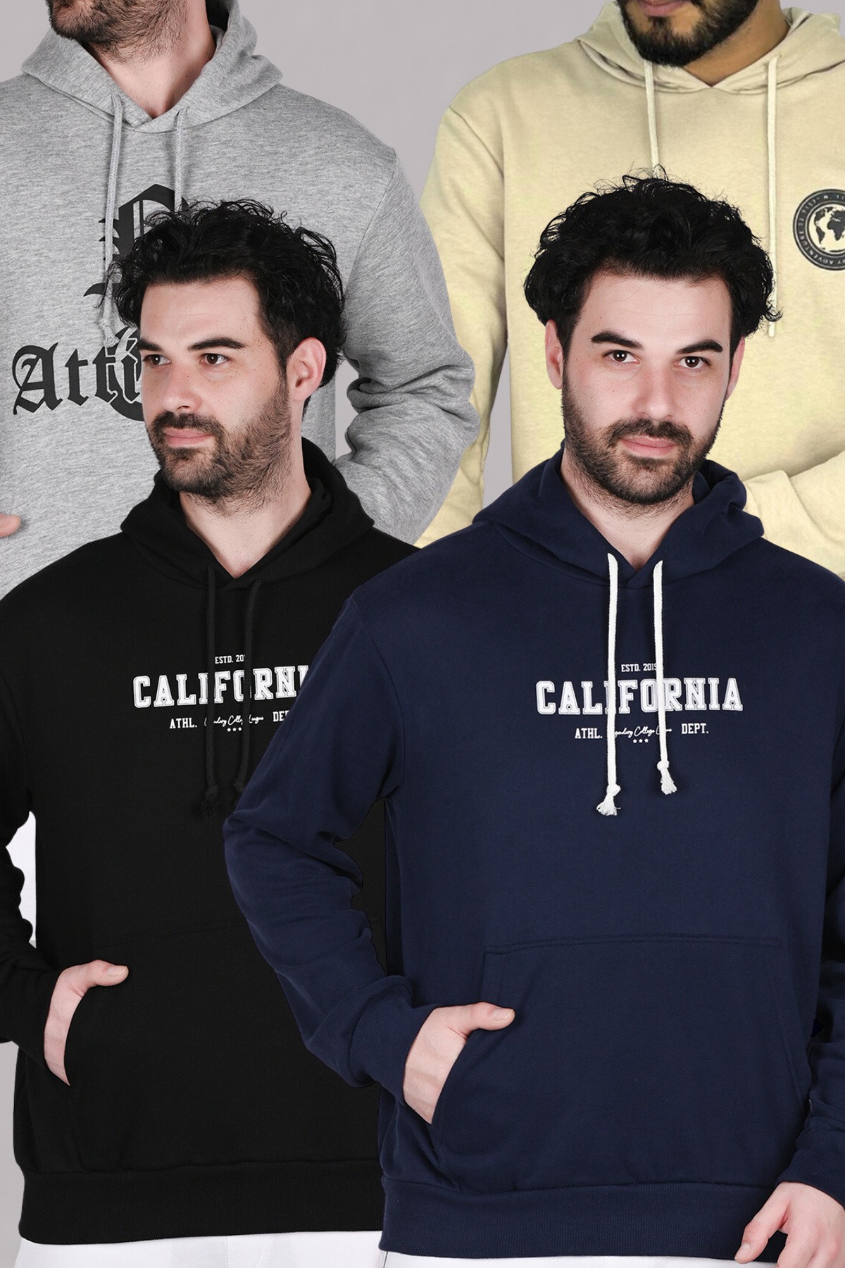 Gri-Krem-Siyah-Lacivert Kapüşonlu Baskılı 4'lü Erkek Sweatshirt