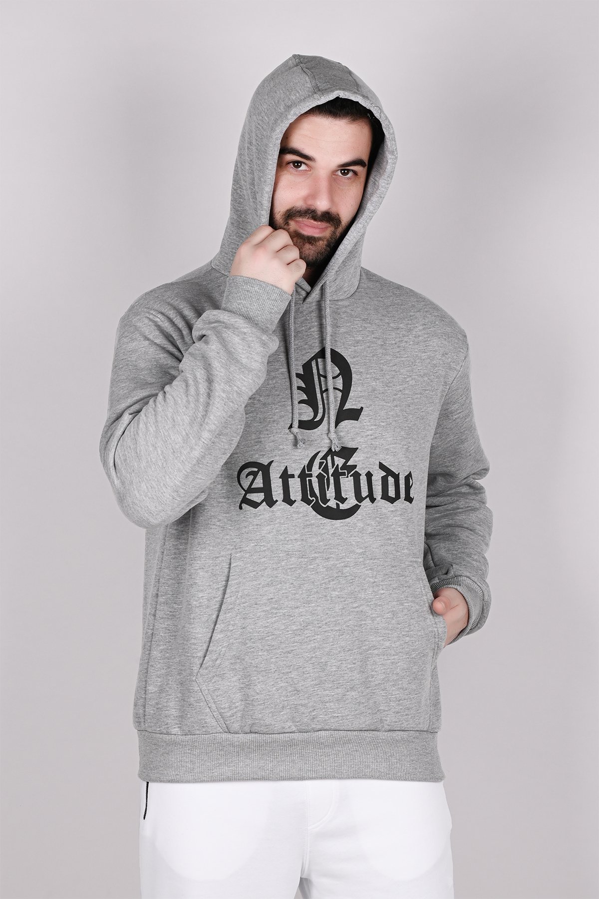 Grey-Cream Hooded Printed Men's 2-piece Sweatshirt